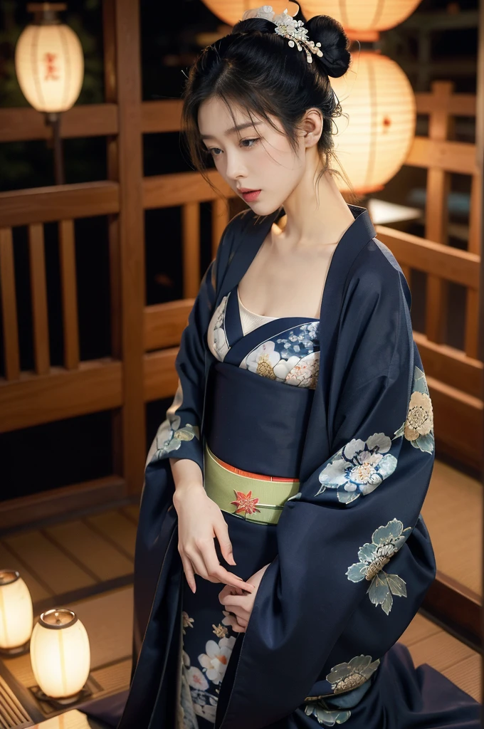 (((best quality))),(((ultra detailed))),(((masterpiece))),illustration,((1 beautiful Japanese girl,solo)),((slim,thin)),((small breasts,flat chest)),serene,melancholic,(rainy:1.3),(night scene:1.3),(in izakaya:1.3),(bun hair:1.2),(traditional Navy blue floral kimono:1.3),cozy atmosphere,sipping drink,ethereal appearance,delicate features,expressive eyes,contemplation,numbs loneliness,intricate kimono patterns,billowing kimono,traditional beauty,graceful sitting pose,sliding doors,rainy alley,soft glow lanterns,warm ambiance,cigarette vapor,atmospheric haze,introspection,isolation,beauty in solitude,complex emotions,quiet moments,Drinking Alone,narrative,loneliness,yearning,inner peace,((from front,upper body))