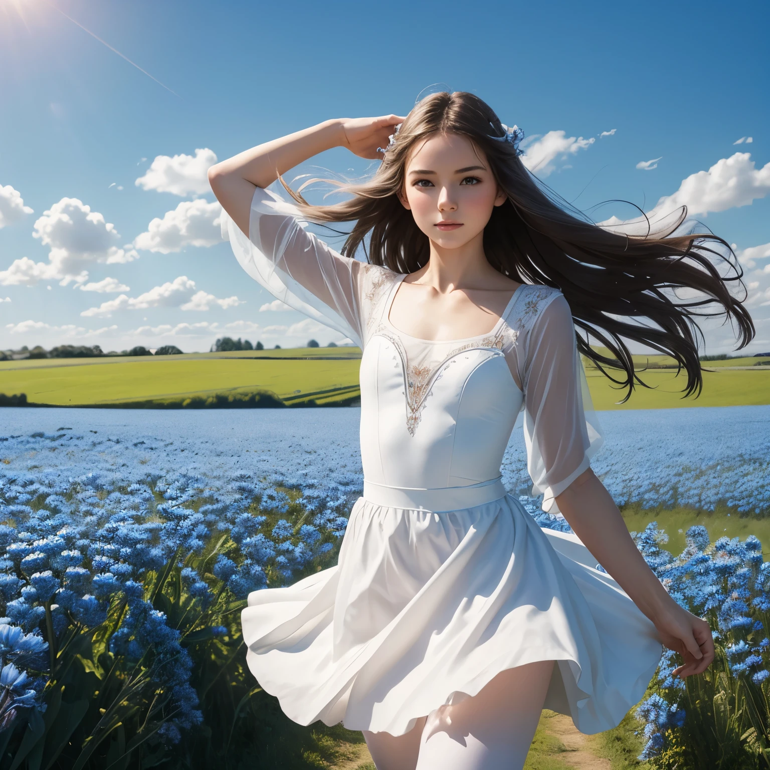 A young woman of Slavic appearance in a white ballet tutu on a cornflower field. The weather is sunny, a little wind. Realistic photo.