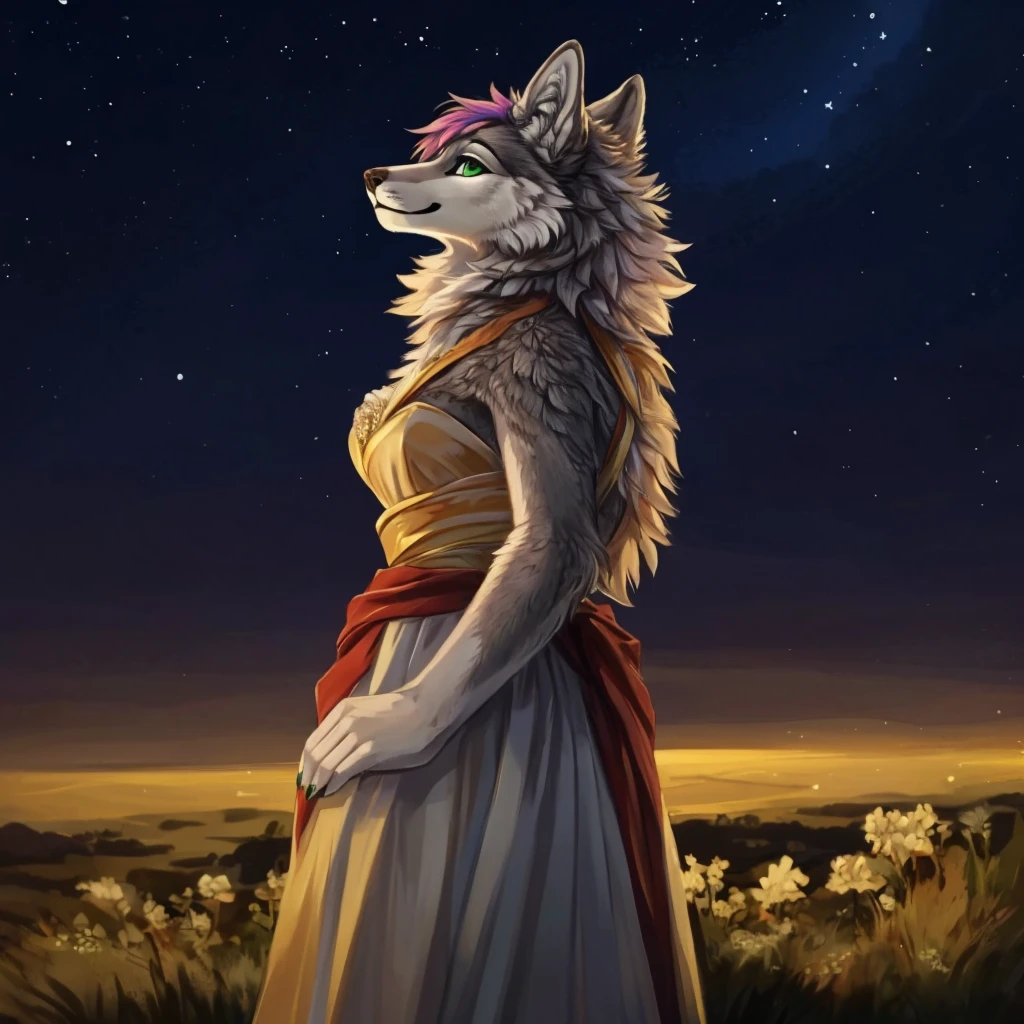 a medium close up of an anthropomorphic grey wolf lady, dressed with a red vine colored elegant dress, she has fluffy and medium-short cyan colored hair and green eyes, closed smile, high quality furry art, night sky background.