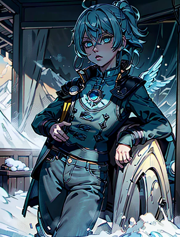 Best Quality、masutepiece、Ultra-detailed、face perfect、Extremely detailed、Extremely delicate、1 boy, (cute little), Angel, lightblue hair、half up、place々Blue Mesh、blue and yellow gradient eyes、Noble attire、Black coat、gray collared shirt、Black pants、snow mountains、snow blowing