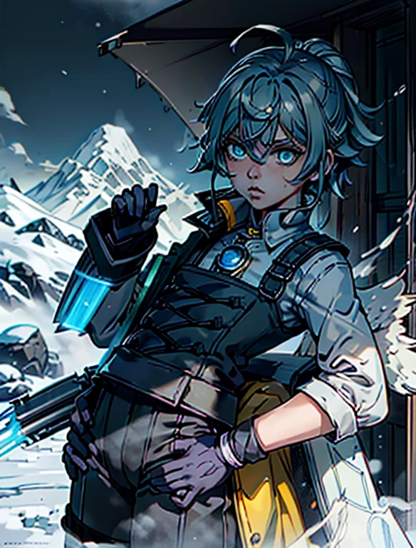 Best Quality、masutepiece、Ultra-detailed、face perfect、Extremely detailed、Extremely delicate、1 boy, (cute little), Angel, lightblue hair、half up、place々Blue Mesh、blue and yellow gradient eyes、Noble attire、Black coat、gray collared shirt、Black pants、snow mountains、snow blowing