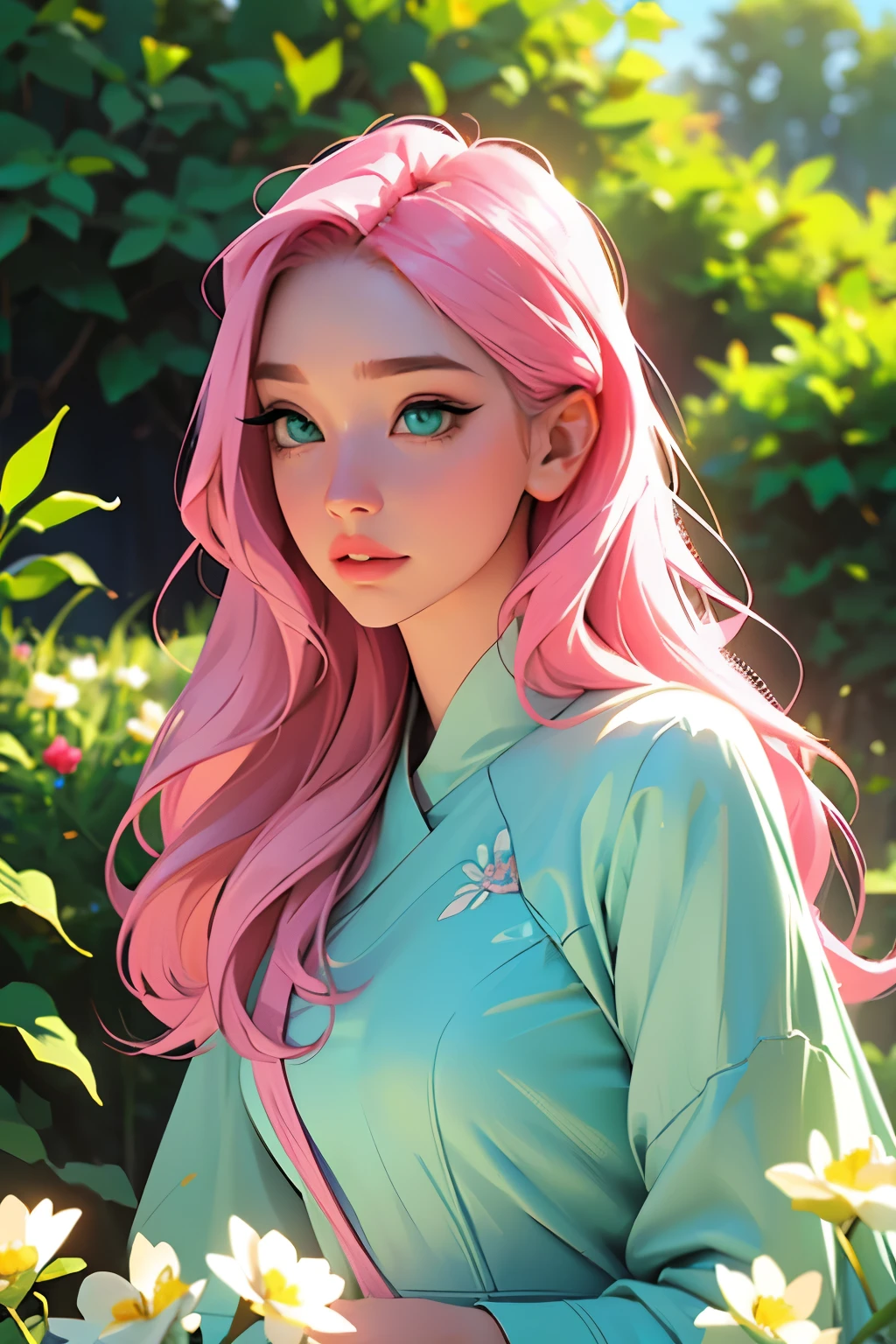 a woman with long pink hair and green eyes standing in a garden looking to top, highly detailed, 8k, masterpiece, elegant, photorealistic, studio lighting, vibrant colors, beautiful detailed eyes, beautiful detailed lips, extremely detailed face, long eyelashes, dynamic pose, nature background, lush greenery, blooming flowers, sun rays, intricate details, green dress