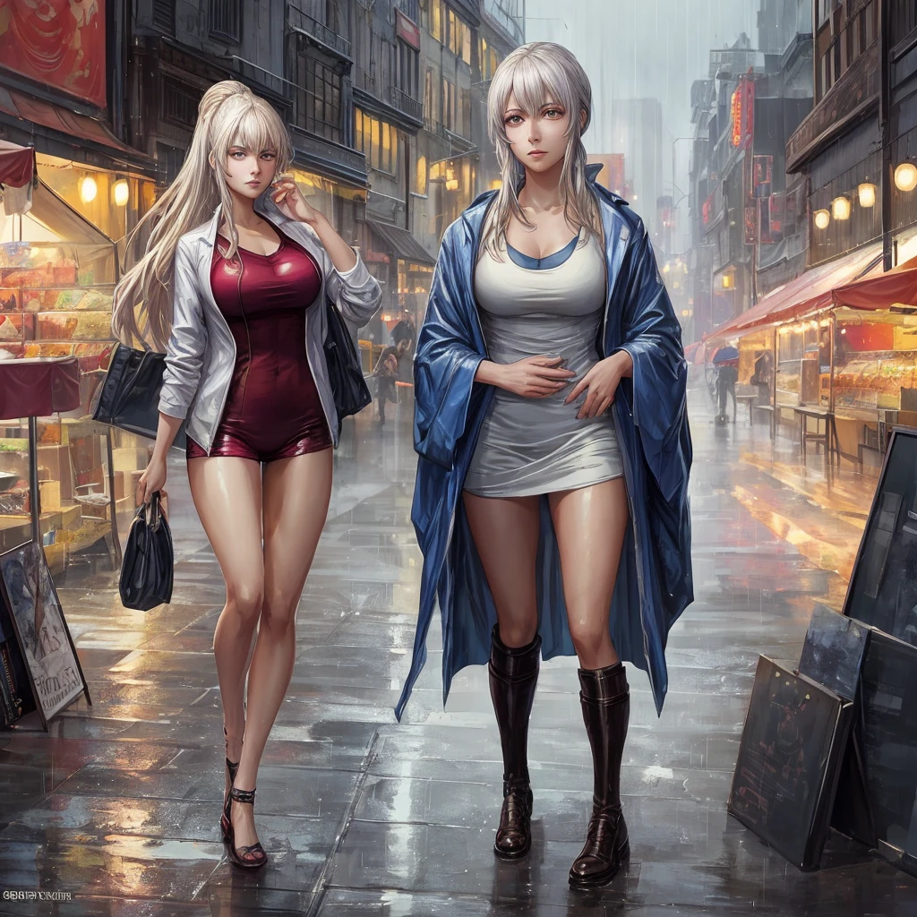 Rainy Night,City,On the busy streets of Gintama，A man in sportswear，Beautiful woman with hot girl makeup, There are vendors all around, Beautiful portrait of a stunning goddess girl, Beautiful and delicate face, Porcelain skin, full-body shot, Center, Super soft light, symmetry, complex, elegant, Very detailed, Reality, Art Station, Concept Art, Smooth, As imagined by greg rutkowski and borris vallejo, cover, trendy style