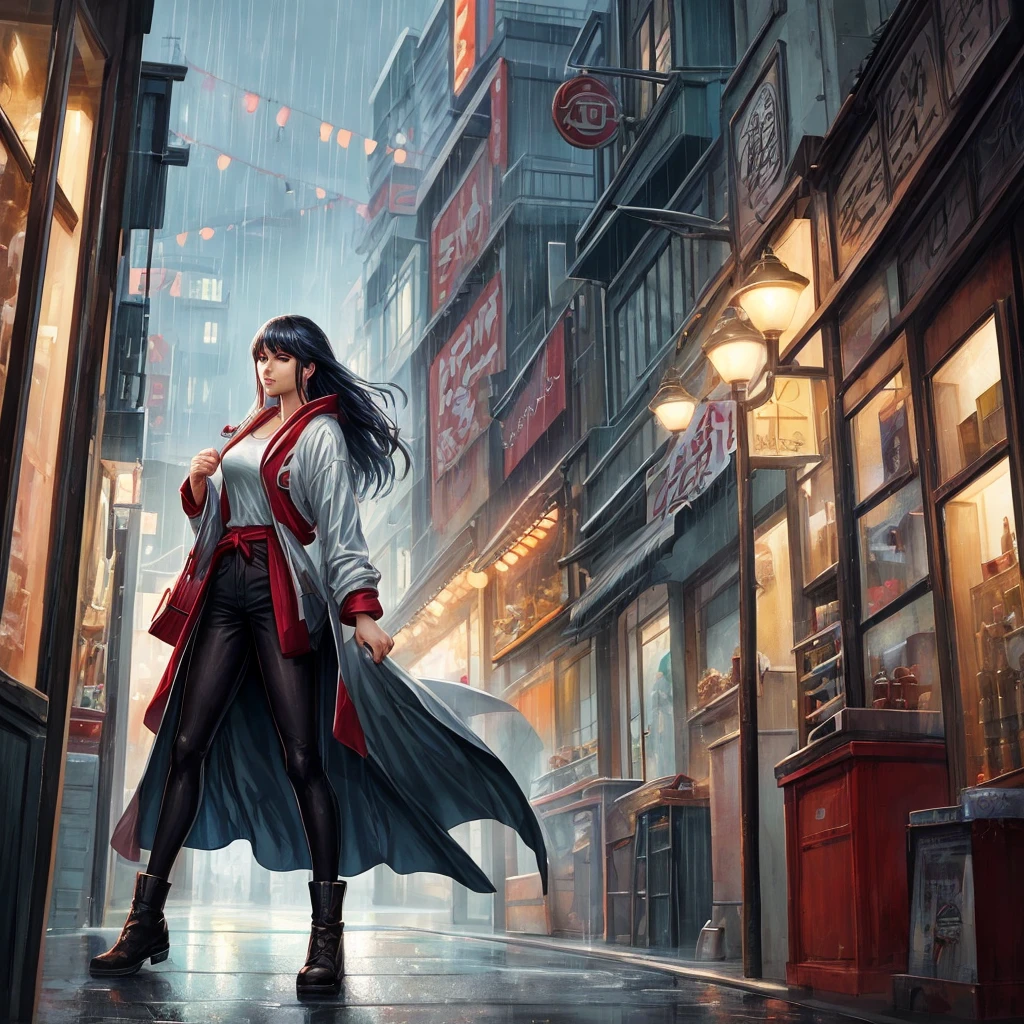Rainy Night,City,On the busy streets of Gintama,A man in sportswear,Beautiful woman with hot girl makeup, There are vendors all around, Beautiful portrait of a stunning goddess girl, Beautiful and delicate face, Porcelain skin, full-body shot, Center, Super soft light, symmetry, complex, elegant, Very detailed, Reality, Art Station, Concept Art, Smooth, As imagined by greg rutkowski and borris vallejo, cover, trendy style