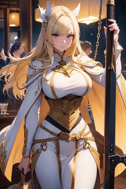 Whole body、Highest quality、High resolution、Serious expression、woman、Blonde、Hairstyle is long straight、A bewitching gaze、boost mood、Lightly Armed、Swinging a giant sword、Around 25 years old、Voluptuous bust、Tight waist、Inside the bar、Great style、height: 160cm、White Cape、A dignified and cute face、Put on your boots、