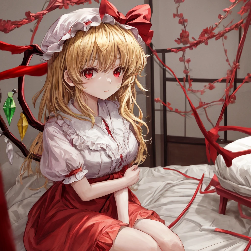 touhou project, Flandre Scarlet sitting on the bed wearing JK, Cross your hands at your waist, Light hair, Warm lighting, Blurred foreground, Lovely, Change, Japanese cartoons, 4K, With devil wings, Shower cap, masterpiece, Upper Body