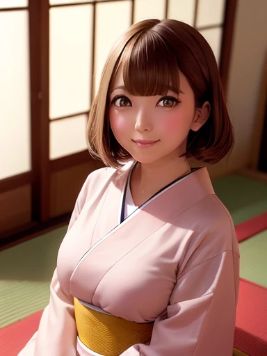 On the tatami in a kimono、One girl sitting upright、Bob Hair、Medium breast、