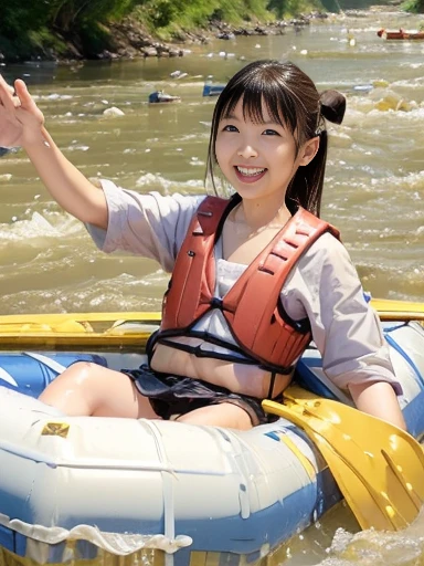 Japanese female, (underweight), (flat chest best quality:1.5), (cheerful grin:1.5),
(((Rafting down the river:1.2)))