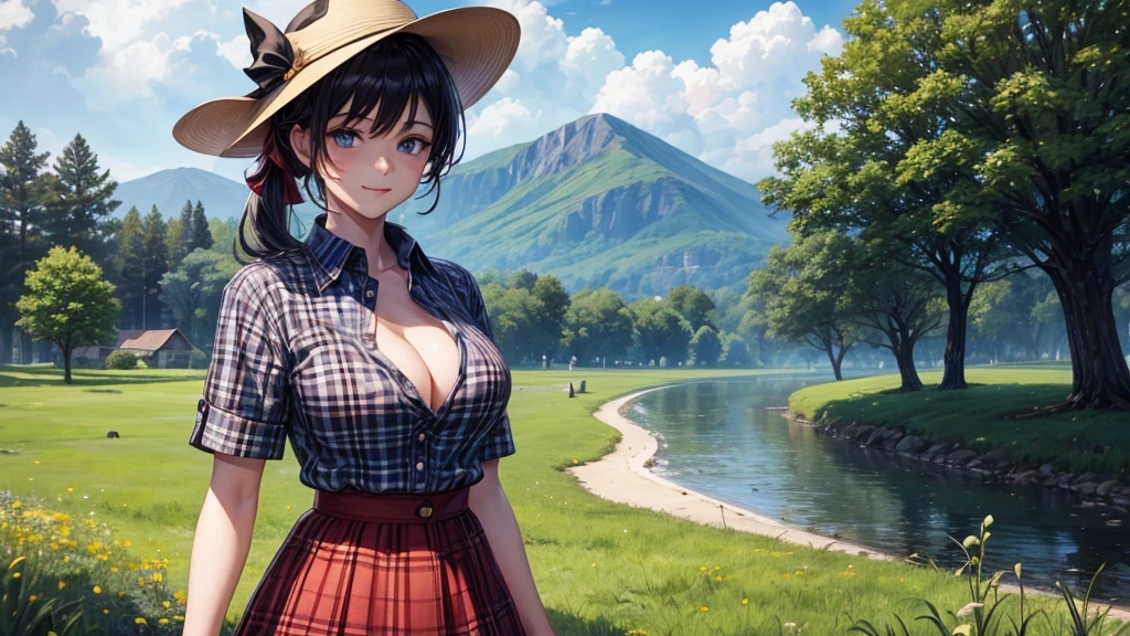 1girl, solo, rural landscape, village, trees, sun, clouds, fantasy, black hair, ponytail, large , button shirt, ((red checked shirt)), ((short sleeved shirt)), ((unbuttoned shirt)), popping buttons, unoning buttons, cleava:3, blue rk skirt, smile, looking at the viewer, standing, hair ribbon, golden necklate, elegant white hat