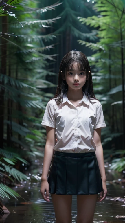 (((10 year old girl))), (((standing alone in a dark forest))), (((raining))), Japanese, medium hair, straight face, no smile, no expression, face down, trainer and mini skirt, poor girl lost and exhausted, wet and lost in a rainy forest, smh dark forest, movie scene, high resolution, high details, details, masterpiece, best quality, awards, highest resolution, realistic, raw photos, 8k wallpaper