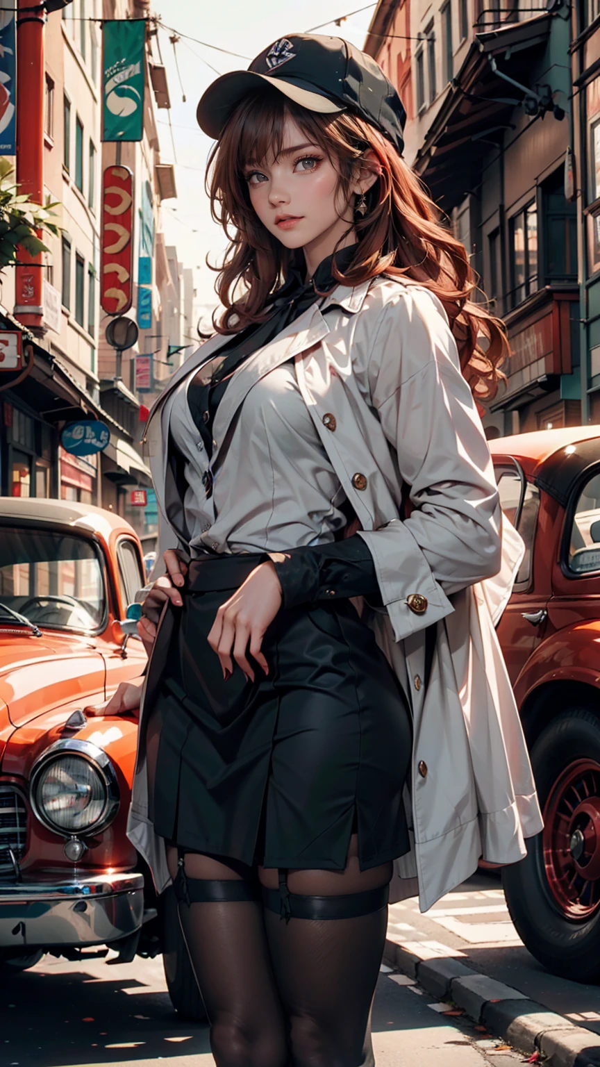 masterpiece, Pale skin, Red lips, Bright Eyes, eye shadow, Photographed from the front、A beautiful red-haired woman with medium curly hair、Standing on the street with a Thompson M1928A1 drum。, Behind her is a still green 1928 Cadillac Town Sedan., She is wearing a mafia suit in red and black colors, She has a mafia-style skirt and jacket draped over her shoulders, She also wears a hat, Garter holders and heels, Very detailedボディ, Detailed cars and clothing, Chiaroscuro, Natural light, Very detailed, She and the car focused on the image.