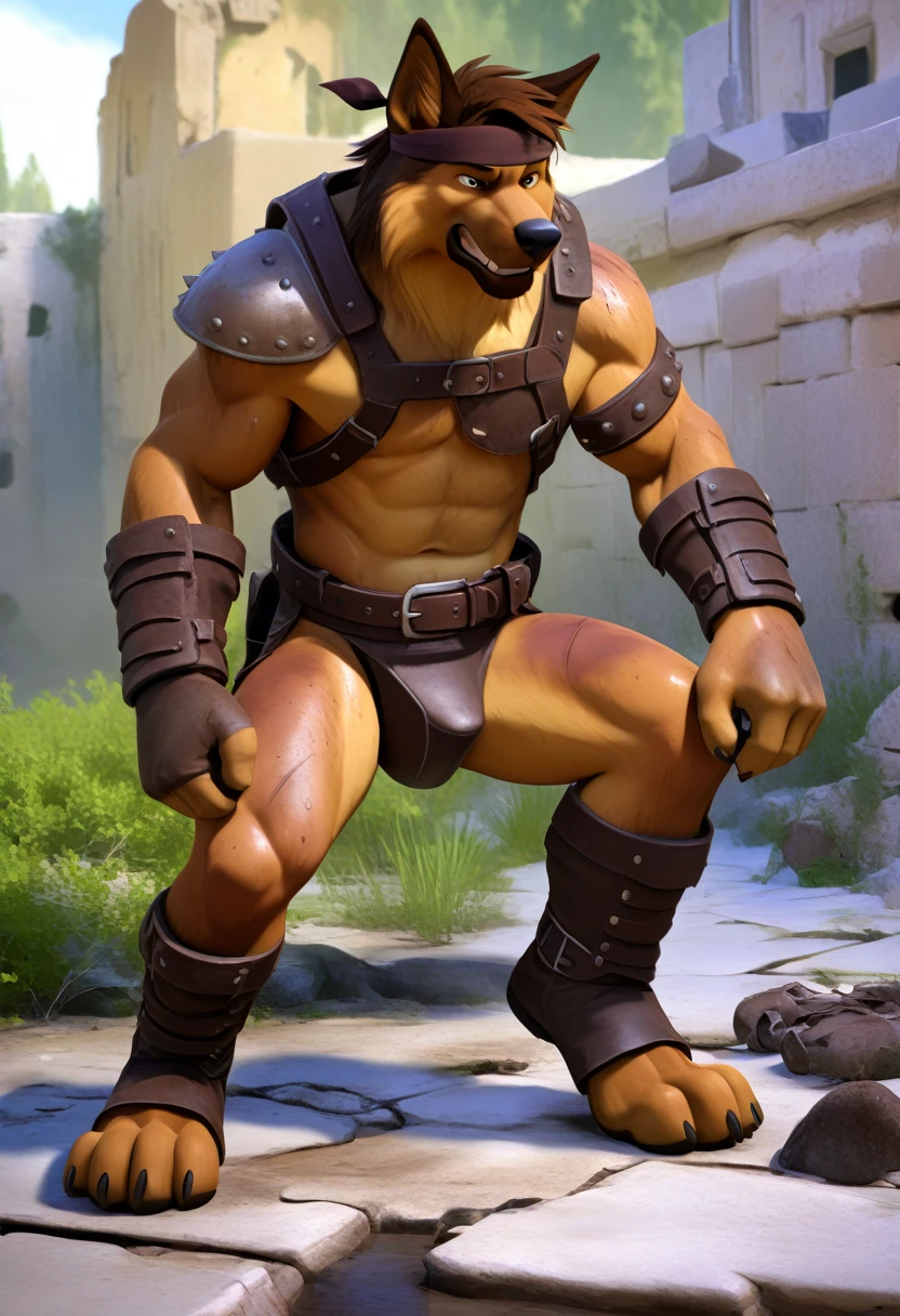 Solo Sexy anthro furry german shepherd male; ancient Mediterranean desert warrior; slim mesomorph handsome model apperance; boy's messy short hair headband; sexy toned muscules; sword scars; worn out brown studded leather rusty sexy skimpy armament. He has low on hips heavy leather studded heavy belt. he has narrow in the crotch very old worn out btosn leather bulgy tigh jockstrap (smelly jockstrap fetish); His brown jockstrap it is made of old worn out matte brown volour leather studded and sewn together from a few pieces, it has never been washed, it is dirty and has stains from secretions of dried semen and sweat; His armor is old heavy brown harness with armlets studded with spikes; rusty btonze-age old skimpy breatsplate armor, he has old brown leather BFR Bands on Biceps and his thighs, he has old worn out fingerless leather gloves. His armor is in ruin, it is very very old and dirty, rusted, dirty, old worn out, rusty breastplate. Even though he is a handsome and sexy man, he has a sloppy appearance, has disheveled unwashed dirty fur, dirty body look. he smells, he has stains from old blood, dirt, semen, mud, smelly furr, disgusting bastard looking. Mediterranean sunny pine seacoastline pine forest; he has a proud, threatening and defiant expression on his face, with little dirty dangerous smile; He stands proudly bravely in an upright attacking position, he holds a rised up sword in his right paw, ready for incoming fight; he has narrow in the crotch very old worn out btosn leather bulgy tigh jockstrap (smelly jockstrap fetish); His brown jockstrap it is made of old worn out matte brown volour leather studded and sewn together from a few pieces, it has never been washed, it is dirty and has stains from secretions of dried semen and sweat; Full body full character view,