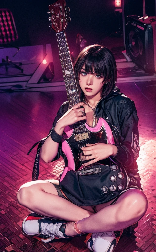 Realistic:1.2, Rocker girl in leather jacket,Slim figure、Normal bust size、 highly Realistic photograph, Full Body Shot, 12 electric guitars, Spiked clothing,White tank top、Navel exposed、Low-rise leather shorts,tattoo,Earrings Dark lipstick, blue eyes,Pink twin tail hair,Black Ribbon, Beautiful and perfect legs, Confident expression, Punk Style ,Dynamic pose, Dynamic Lighting, Colorful Stage,Colorful stage lighting,