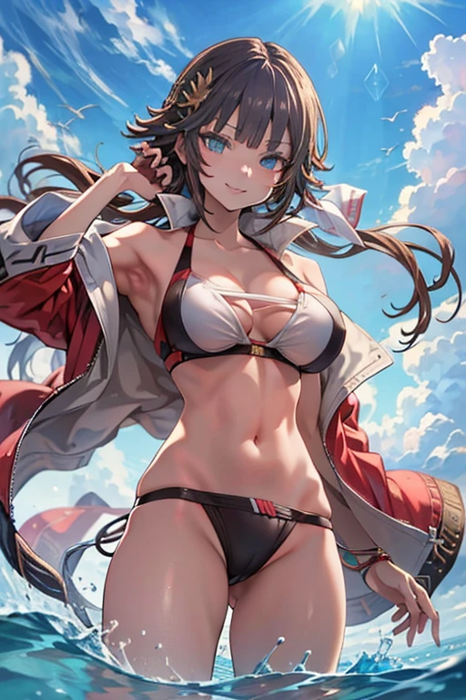 LeonaGB, braid, mismatched bikini, red jacket,Red and black mismatched bikini,
LeonaGB, low ponytail, long hair,Complex eyes,Beautiful Eyes,Symmetrical eyes,Big eyes:1.5,Seductive eyes,
High resolution,Sharp focus,(Super detailed,Very detailed),(Very detailed CG unity 8k wallpaper),(((Vibrant colors))),{best illustration},
Official Art,granblue fantasy,((complete anatomy)),
(Realistic eyes,Perfect Fingers, Natural skin texture, Realistic facial details),((Detailed body)),(Detailed face)), cute,erotic,Bold,
very shiny 肌,Shiny body,plastic glitter 肌,exaggerated shiny 肌,illuminated 肌,
Dynamic Pose,(Ready your spear),Open legs wide, spread legs,
Arrogant look, Domineering smile,
Cumulonimbus,Surrounded by water, reflection,Breathtakingly beautiful clouds,Light,Dazzling Light,Cinematic Light.The wind is blowing,Vast ocean,
A long white pier stretching out into the sea,Coral Reef,海The wind is blowing,