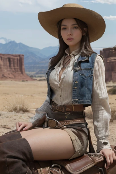 ((​masterpiece, top quality, High resolution, highly detailed, uniform CG 8k background image)), (Huge stunning goddess shot, very hot and sexy, breathtaking beauty, proporções perfeitas, Beautiful body, Slim body beauty:1.3), Western-Cowboy, (Cowboys riding horses in a desert area with a mountain in the background:1.3), (Western film film), Western film film, Western film, an epic western, Cowboy, Old West, Django, Stil eines Clint Eastwood-Films, Cowboys, Wyatt Earp und Doc Holliday, fox, In der Show Westworld, Spaghetti-Western, Nbc, Westworld-Stil, in the Old West, Old West, western backdrop, wearing a Cowboy hat, brown leather vest, Denim miniskirt, and leather boots, 