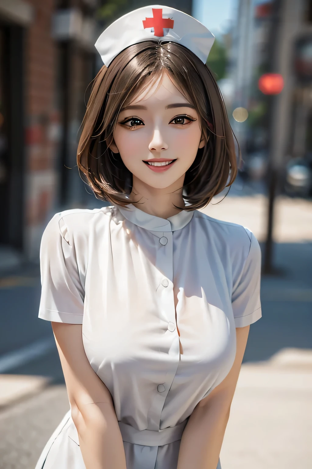 ((1 female, 40 years old)), ((Nurse cap and short nurse uniform)), masterpiece, ((Big Breasts)), grin, (Sexy pose), (very tanned and shiny skin), (Skin dents), photoRealistic, Realistic, alone, photoRealistic, Highest quality, Ultra-high resolution, Yura S, Outdoor, colorful, Daytime setting, beautiful, masterpiece, Highest quality, Very detailedな顔, Perfect lighting, Ultra-high resolution, Very detailed, (background: hospital)