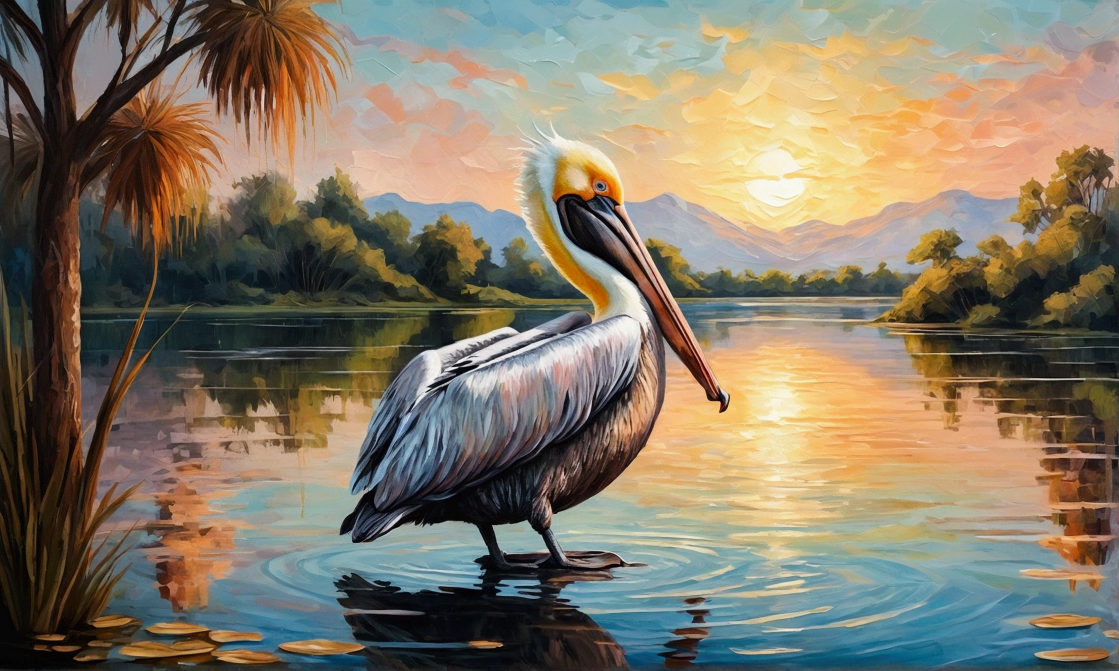 a pelican standing in a serene lake, detailed hand-drawn illustration, oil painting style, impasto brush strokes, dreamlike and romantic atmosphere, exquisite details, high resolution, elegant