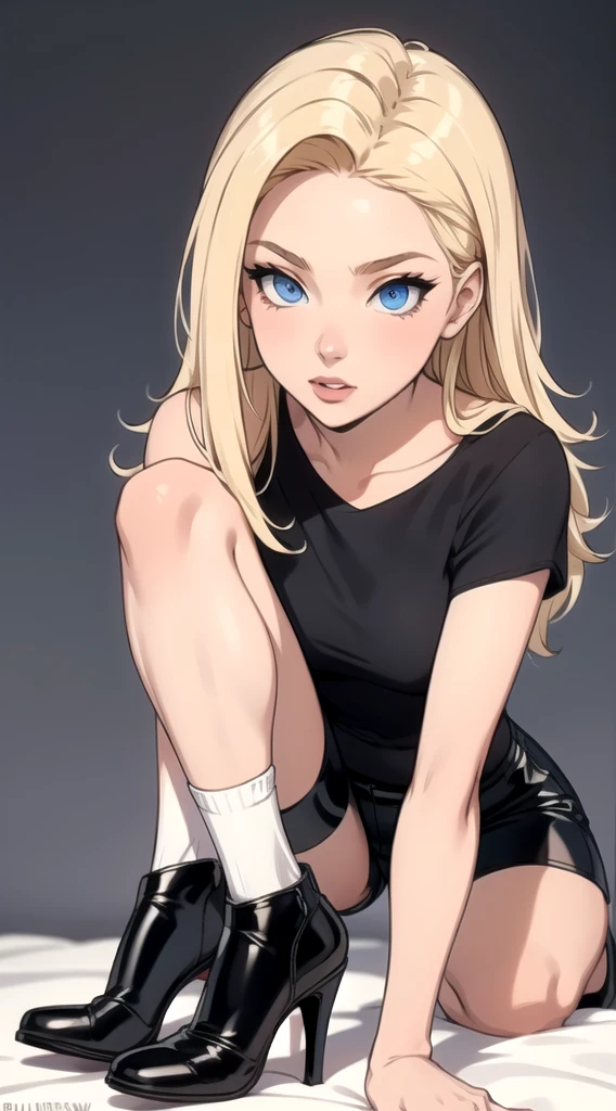 Skinny blonde girl, on leather shorts, black heels, and white socks, black top, long blonde hair, (detailed face) blue eyes, sexy skinny girl. Posing