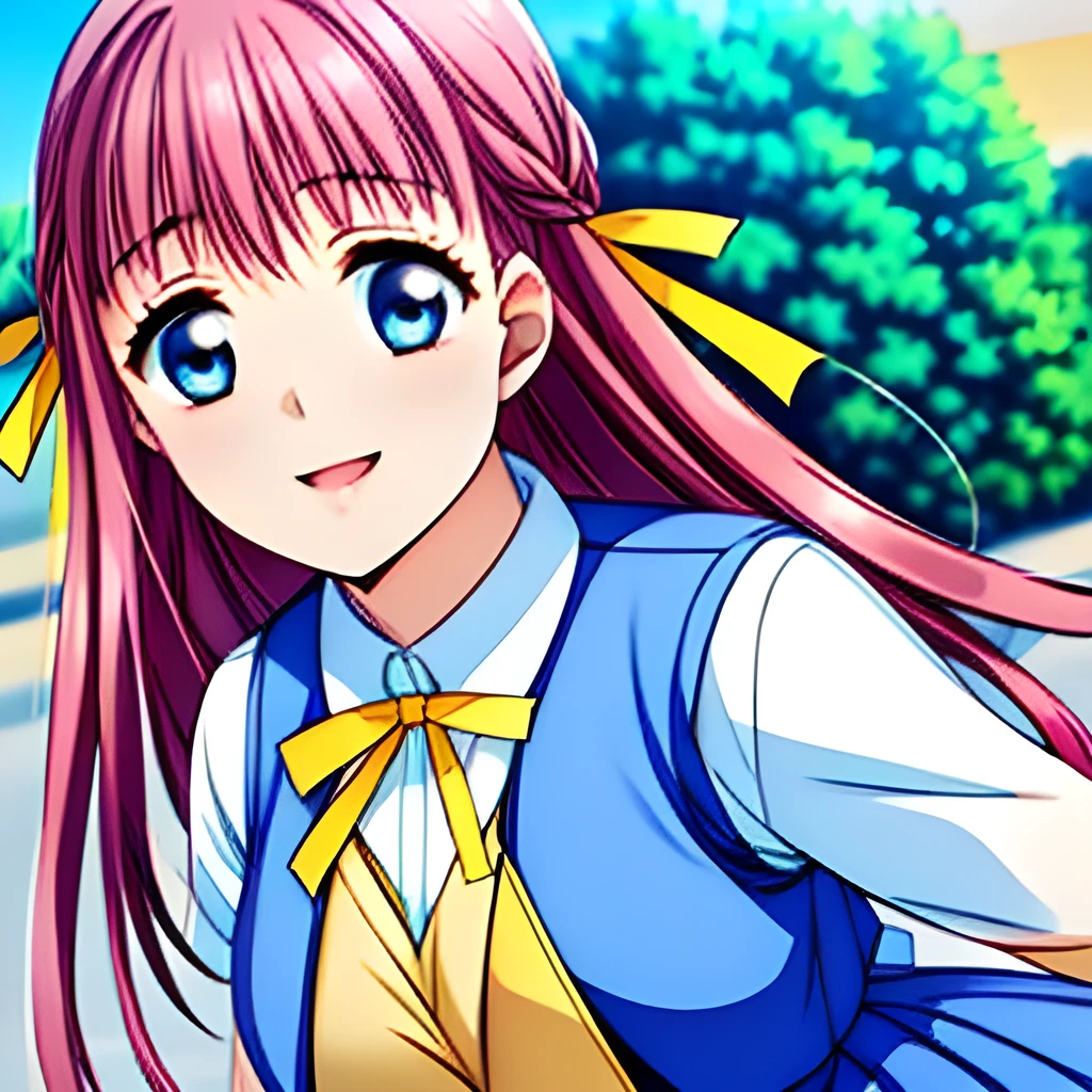 (highest quality, masterpiece:1.2), (Very beautiful and delicately drawn game CG wallpaper), (Like a beautiful girl dreaming of a anime heroine, A very intelligent, very noble, pretty, pure), Glossy lips, Evenly cut bangs, (beautiful blue eyes with detailed: 1.2), (Very beautiful and very long flowing hair: 1.2), (Noble blue school vest uniform, blue pleated noble skirt: 1.4), (Big yellow cute ribbon on her chest), (Yellow hair ribbon clip: 1.0), (Giggling: 1.0), (Mouth is laughing and wide open as a game heroine: 1.0), (A beautiful body like a model), Walking with a school bag、Looking back and smiling