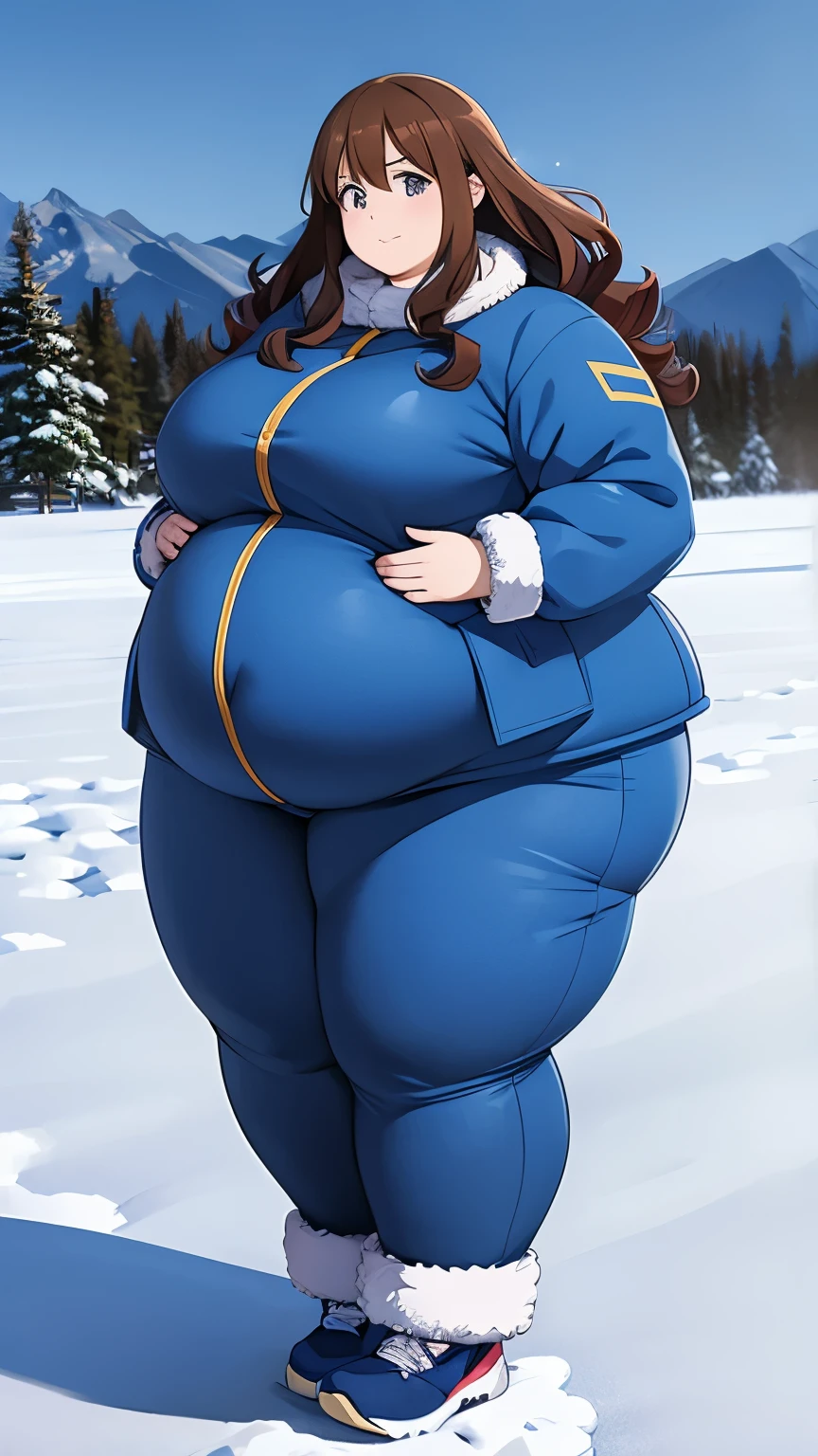 Anime woman, fat, obese, belly big, long hair, double chin, blue fur winter coat, snow pants, wide waist, snowstorm, brown hair, belly covered, thick neck, wide thighs, fat curls, laying on the snow, arms crossed