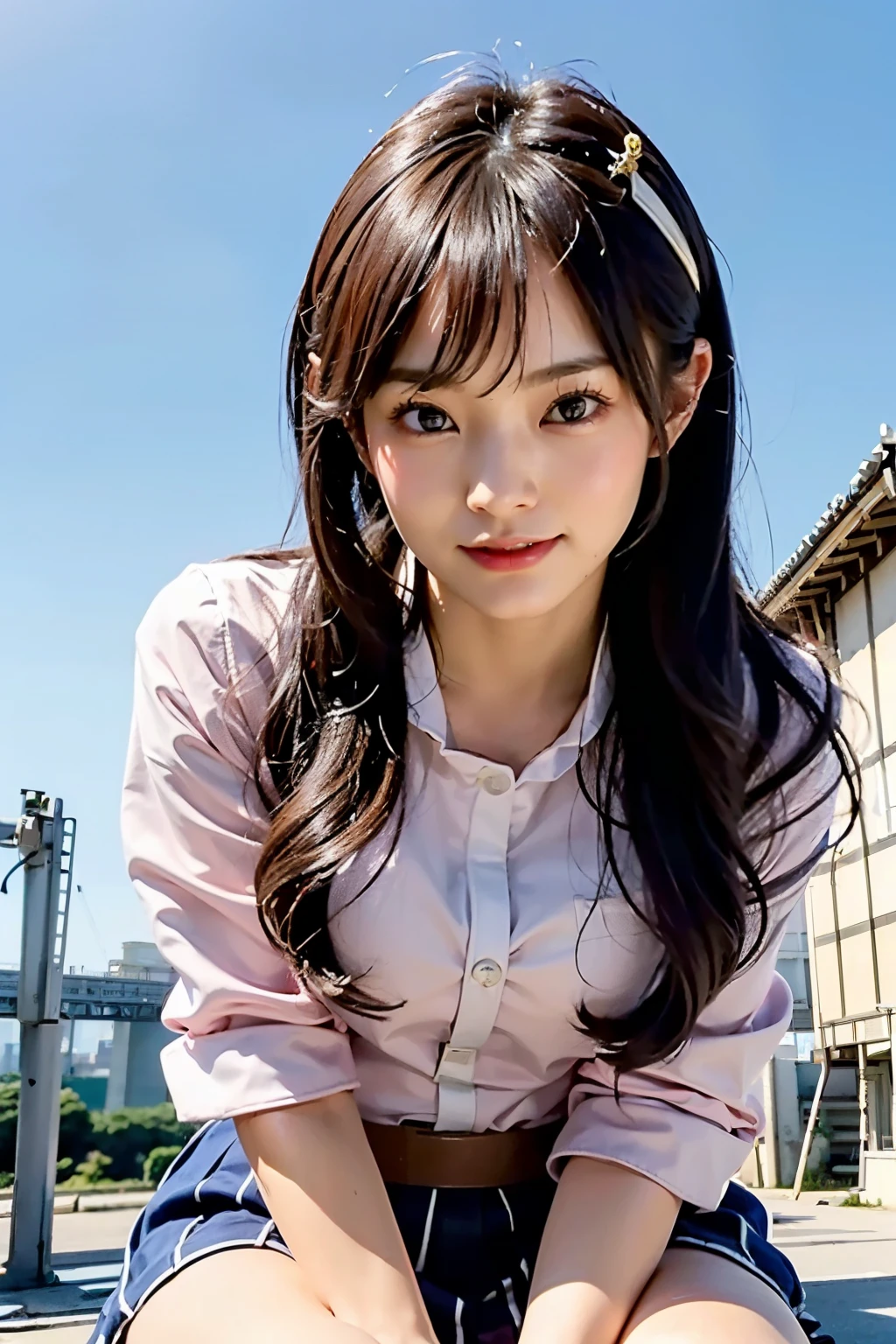 masterpiece, Bokeh, (Beautiful Face), (Detailed face), (Perfect hands), (Japanese Idols:1.6), (school uniform:1.3), (Sit at the top of the tower:1.3),( Large bridge construction site:1.3), (Blushed:1.3), Working boots, (From below:1.5), 