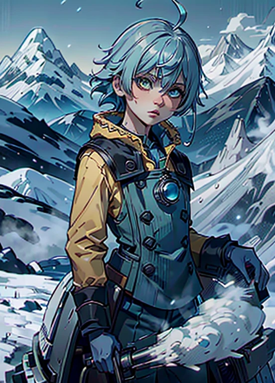 Best Quality、masutepiece、Ultra-detailed、face perfect、Extremely detailed、Extremely delicate、1 boy, (cute little), Angel, lightblue hair、half up、place々Blue Mesh、blue and yellow gradient eyes、Noble attire、Black coat、gray collared shirt、Black pants、snow mountains、snow blowing