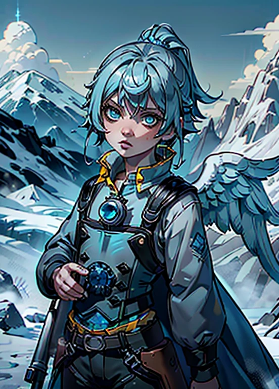 Best Quality、masutepiece、Ultra-detailed、face perfect、Extremely detailed、Extremely delicate、1 boy, (cute little), Angel, lightblue hair、half up、place々Blue Mesh、blue and yellow gradient eyes、Noble attire、Black coat、gray collared shirt、Black pants、snow mountains、snow blowing