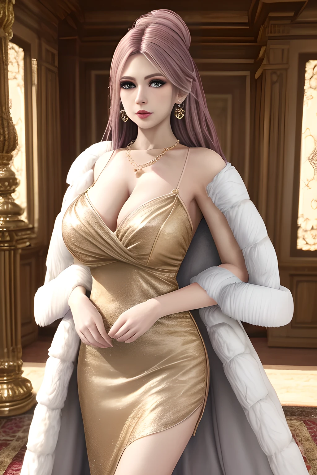 A lady with extraordinary temperament, she stands in a modern indoor space, as if she is a model from a fashion magazine. She is wearing a (pure white long fur coat), the softness and luster of which makes her look more noble under the light, and complements her (beige dress) underneath, showing her gentle temperament while maintaining a sense of fashion. The style of the dress is simple and generous, a perfect match, and it lengthens her figure, making her tall and charming. The lady's makeup is delicate and elegant, which just highlights her facial features and makes people unforgettable at first sight. Although the earrings and necklace she wears are not ostentatious, they add a bit of sophistication and nobility to her overall look. Her hair is casually draped over her shoulders, and every strand of hair exudes a natural luster,,, huge breasts, elise