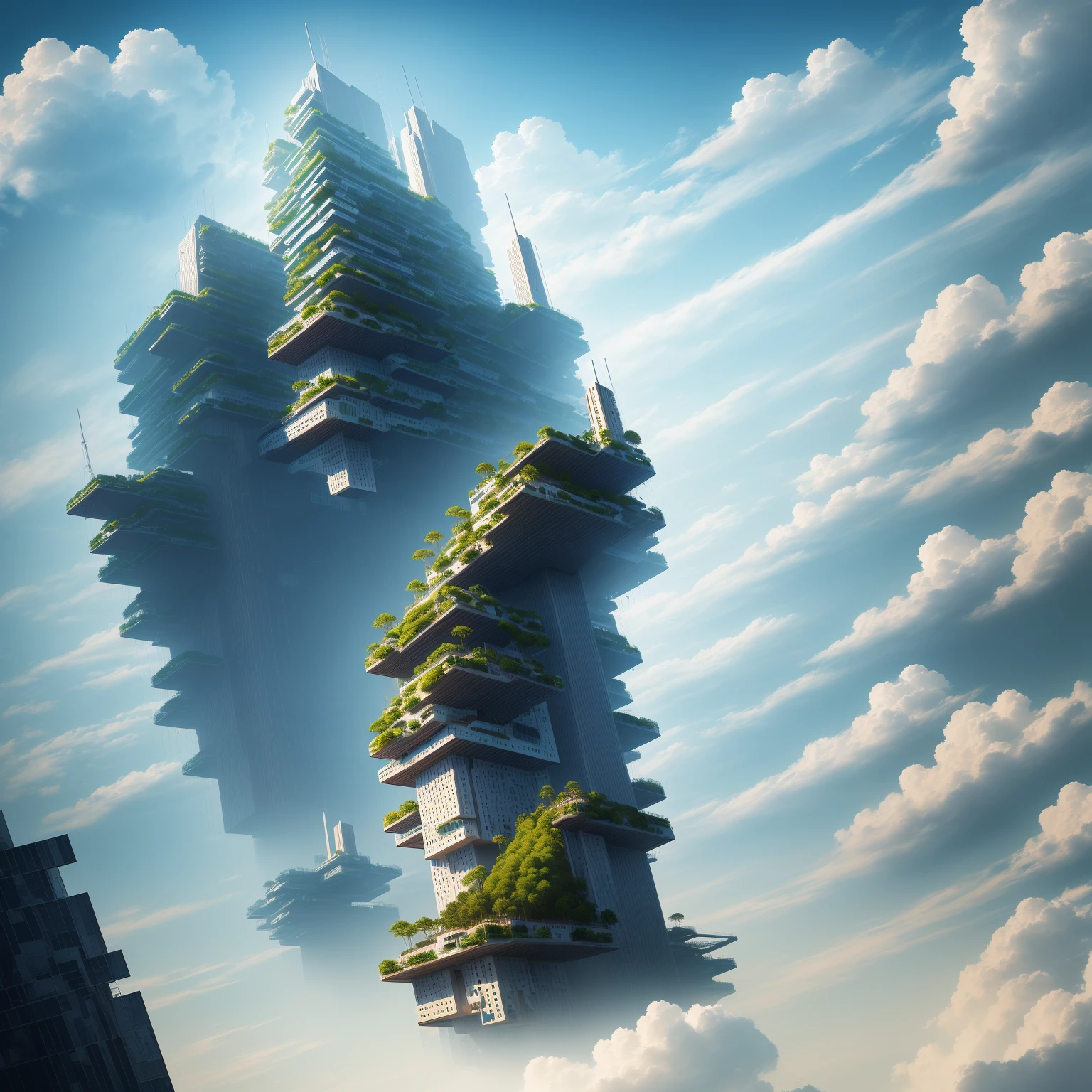 Futuristic floating city，High-tech architecture，airship，Transparent path，Green plants，Water surface reflection，Skyscraper，Fusion of nature and technology，Smart，Innovative Energy，High-tech city，Energy-efficient buildings，Floating in the clouds，Utopian Dreams，Cutting-edge transportation network，Holographic Display，Modernist aesthetics。
