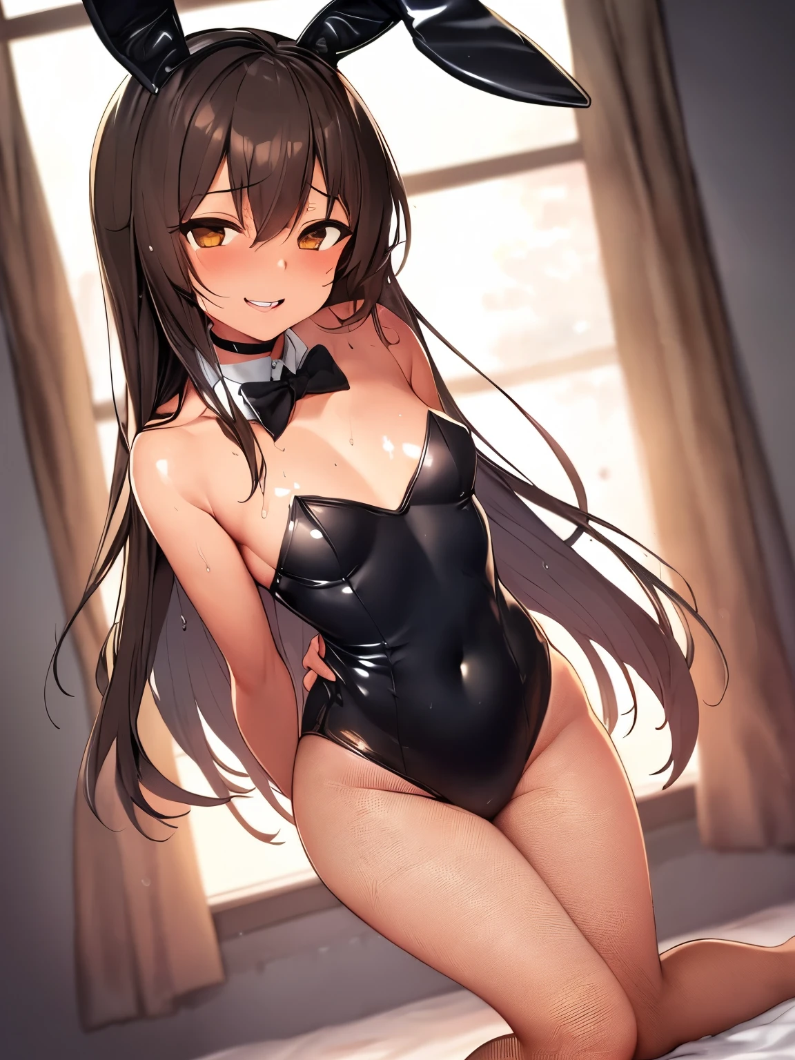 2d, Superb, (Masterpiece), ((1 girl)), (Low Angle:1.2), (Full length), (Shiny hair:1.6), (Long straight brown hair:1.6),(Shaggy hair:1.3), (Brown beautiful girl),hyper cute face, (Healthy dark skin), (Sunburn mark), clavicle, (Black Bunny Girl:1.3),(Black rabbit ears:1.3),(Thin fishnet stockings:1.2),Ribbon choker,JK,Slender figure ,Glamorous Bare Feet, Beautiful shiny legs,, Brown Eyes, Attractive thighs, Medium chest, bedroom, On the bed, Light from the window, Sexy expression, Sweaty, Wet Hair, Drops from hair,Put your hands on your chest, Breathless, Bold pose、Smiling with teeth showing, Wet body, Glossy Lips, (arms behind back),Pole