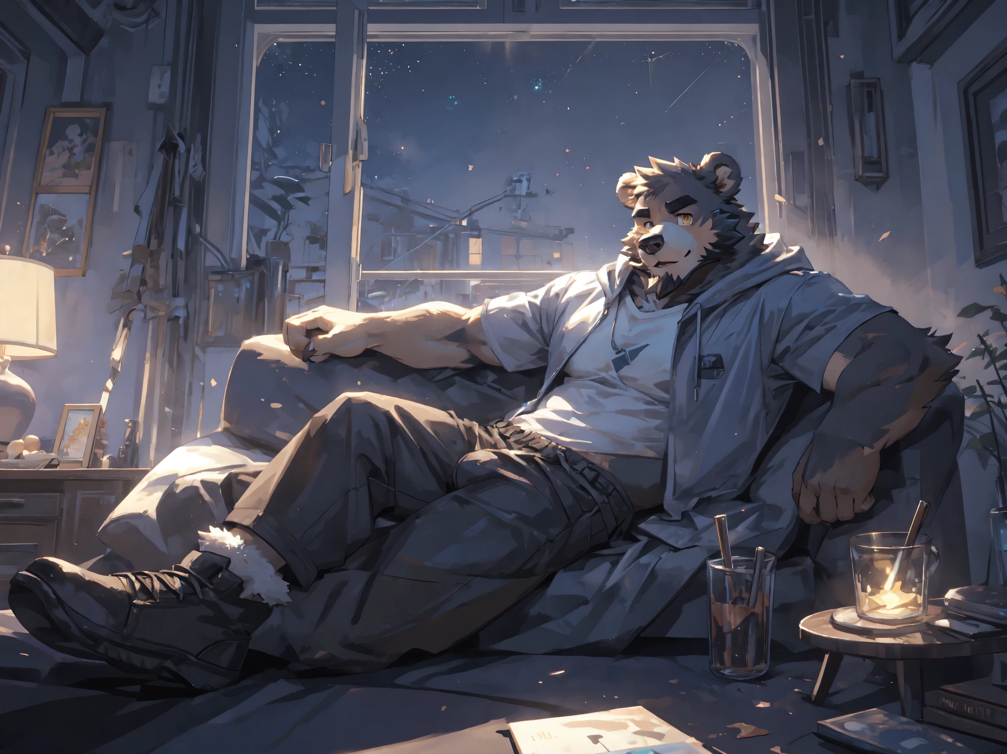 (masterpiece:1.2), best quality,pixiv,official art,perfect anatomy, (Ray tracing, light),solo, (1_male:1.3) , (muscle), (grey fur:1.4), (muscle bear), (beard:1.2), (gleaming golden eyes), bear tail, full body, Thick black eyebrows, (open short hoodie), (loose shirt inside),cargo shorts,boots,cover blanket, bedroom, lying on the sofa, french window , galaxy ,stars