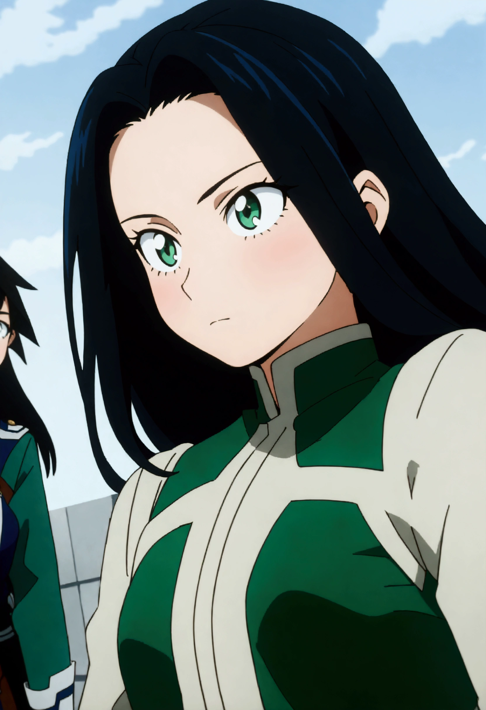 She is a 15 year old teenager, she has slightly disheveled long black hair..., light green eyes, , fit body , anime art slyle my hero academy , sexy face , she is dressed in the anime female uniform "my hero academia", , 8k, high quality, masterpiece, , cinematic, vivid colors, shining green eyes