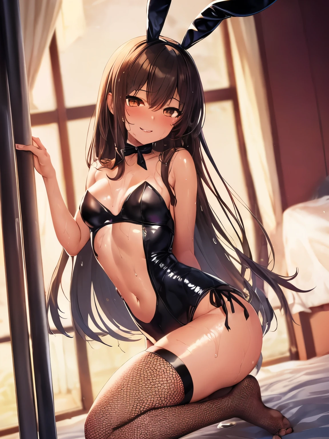 2d, Superb, (Masterpiece), ((1 girl)), (Low Angle:1.2), (Full length), (Shiny hair:1.6), (Long straight brown hair:1.6),(Shaggy hair:1.3), (Brown beautiful girl),hyper cute face, (Healthy dark skin), (Sunburn mark), clavicle, (Black Bunny Girl:1.3),(Black rabbit ears:1.3),(Thin fishnet stockings:1.2),Ribbon choker,JK,Slender figure ,Glamorous Bare Feet, Beautiful shiny legs,, Brown Eyes, Attractive thighs, Medium chest, bedroom, On the bed, Light from the window, Sexy expression, Sweaty, Wet Hair, Drops from hair,Put your hands on your chest, Breathless, Bold pose、Smiling with teeth showing, Wet body, Glossy Lips, (arms behind back),Pole