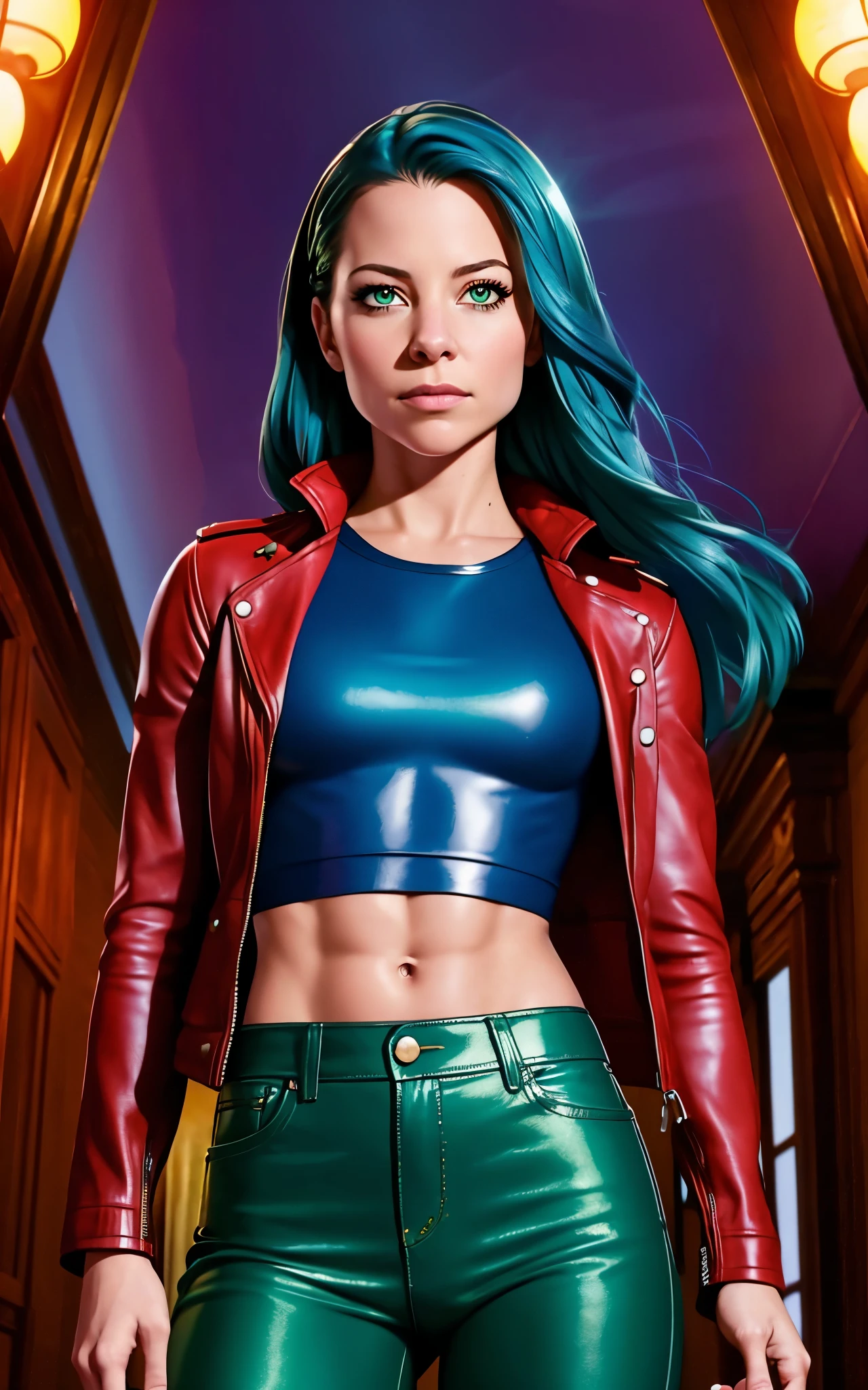 (Alicia Vikander:Evangeline Lilly), green light, glowing eyes, pov below, wind,, masterpiece, best quality, 1girl, cool, serious, medium breasts, long hair, blue  hair, red leather jacket, crop top, tight jeans, green eyes, abs