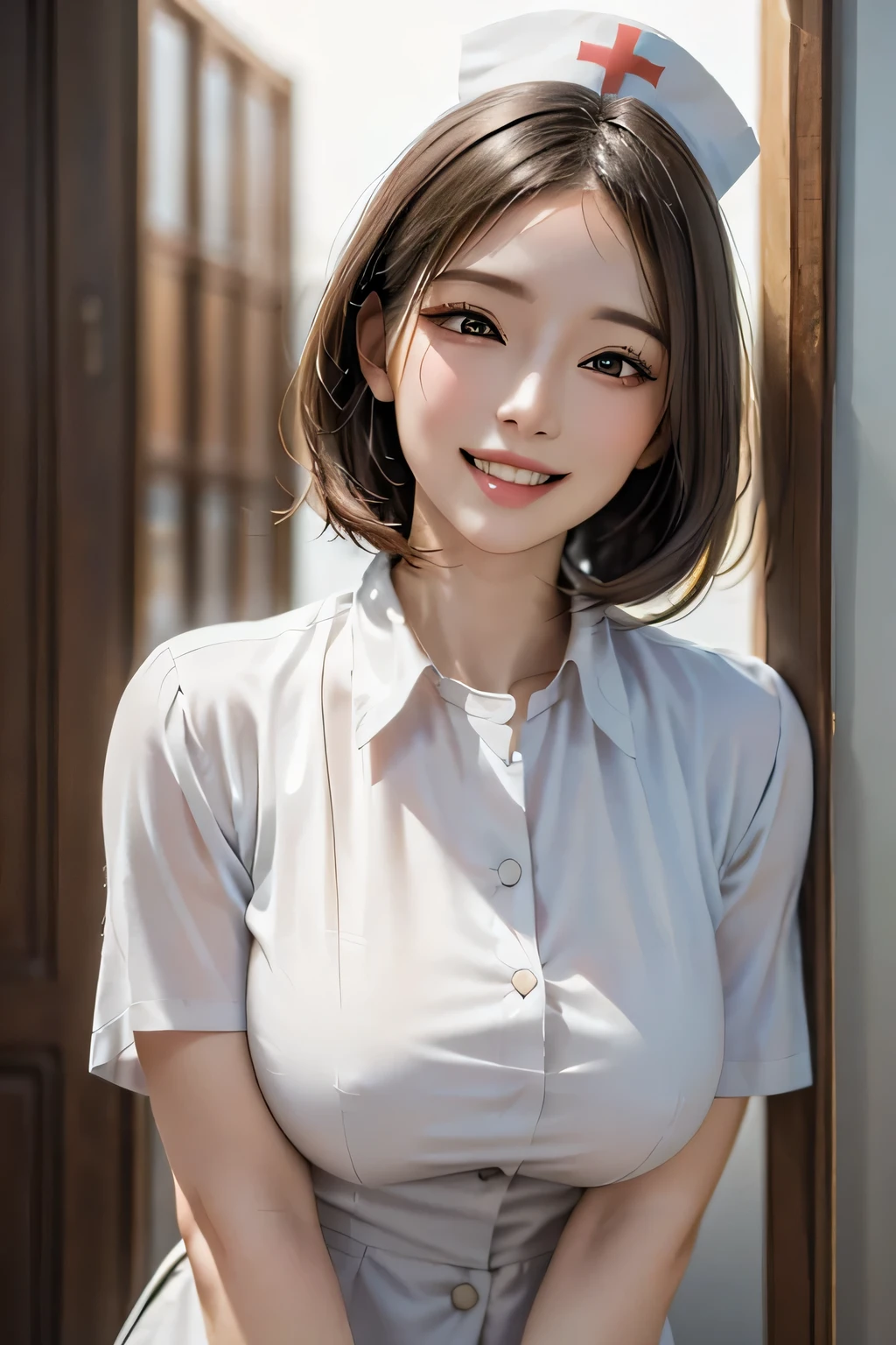 ((1 female, 40 years old)), ((Nurse cap and short nurse uniform)), masterpiece, ((Big Breasts)), grin, (Sexy pose), (very tanned and shiny skin), (Skin dents), photoRealistic, Realistic, alone, photoRealistic, Highest quality, Ultra-high resolution, Yura S, Outdoor, colorful,  Daytime setting, beautiful, masterpiece, Highest quality, Very detailedな顔, Perfect lighting, Ultra-high resolution, Very detailed, (background: hospital)