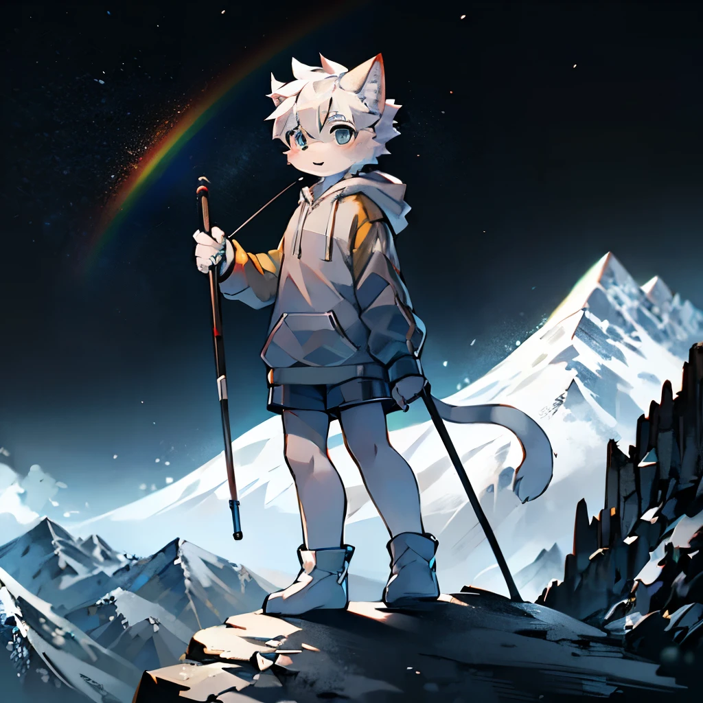 furry，Cute cat boy，White hair，Gray skin，（wearing hoodie），（Wear short white socks），Hold trekking poles，Standing on the top of the mountain，rainbow，（Highest quality）