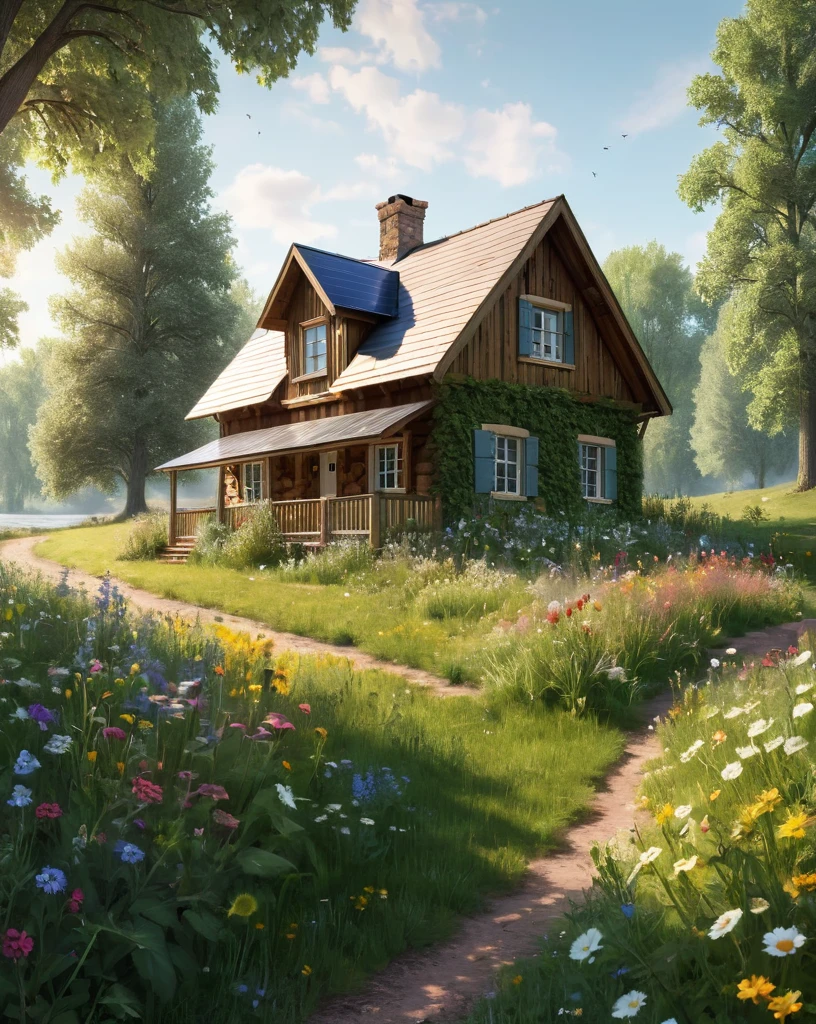 a meadow filled with wildflowers Style-Petal, of various colors, by lee jeffries nikon d850 film stock photograph 4 kodak portra 400 camera f1.6 lens rich colors hyper realistic lifelike texture dramatic lighting unrealengine trending on artstation cinestill 800unded by tall, lush trees with new leaves, and a gentle breeze blowing through. In the distance, there is a (cottage:1.3) and a river, masterpiece, best quality, high quality,  Under the tree there is a small wooden two-story house. On the gable roof of the house there is a solar battery.The house is cute and fabulous.