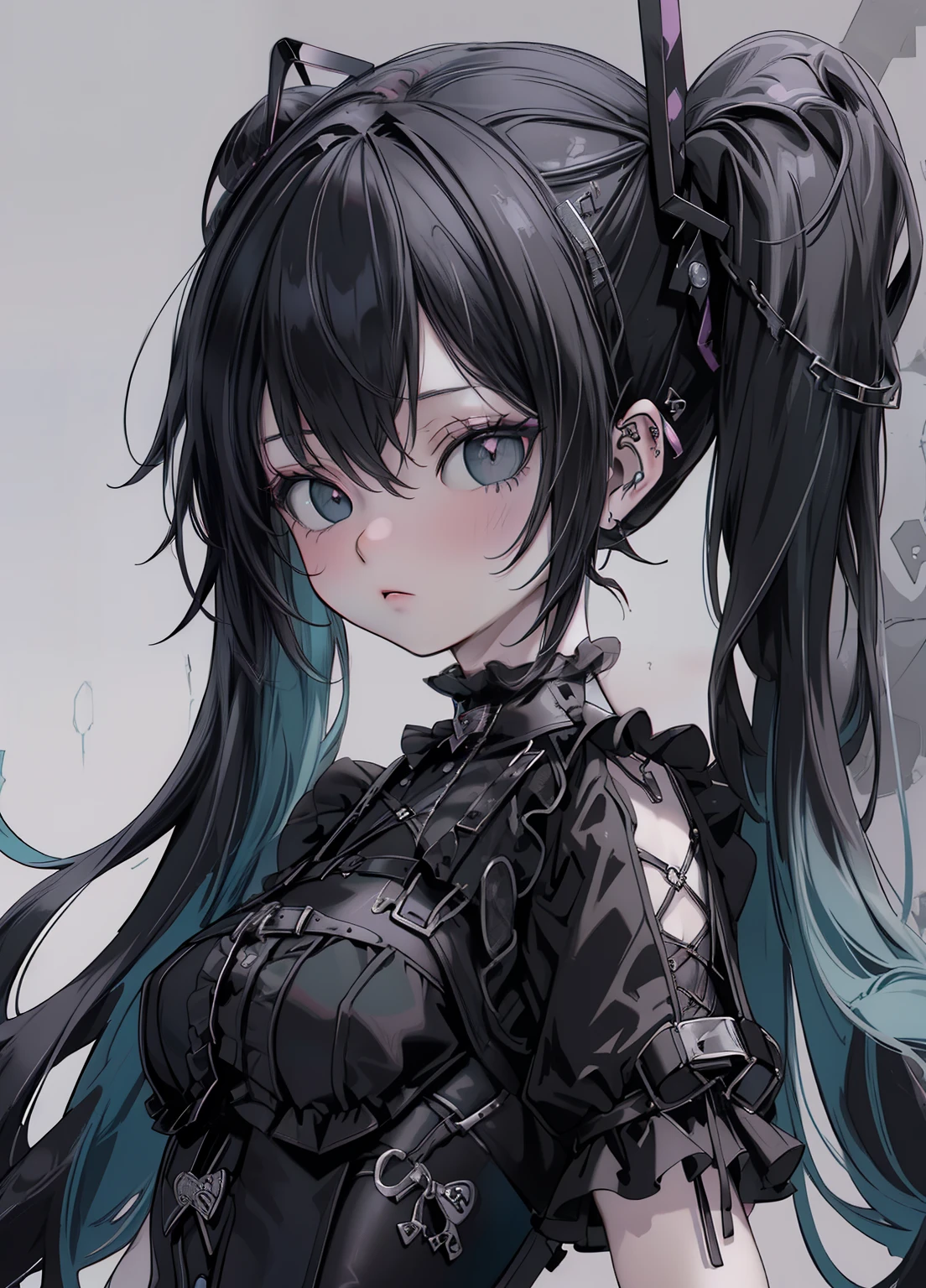 (masterpiece、Highest quality、Highest quality、Official Art、Beautiful and beautiful:1.2)、(One girl:1.3)Hatsune Miku、Twin tails,Beautiful breasts, Katsushika Hokusai, Rubber, Black corset, Close-up of three women in different clothes on a white background, Grunge Style, Grunge aesthetic !!!, Grunge aesthetic!!! (, Sexy dark style, Grunge aesthetic, Grunge Fashion, Teen Lange Punk Rock, y2k style, y2k style, Punk Style, thisset style, Gothic style, Retro aesthetic, 90s Style, Retro look