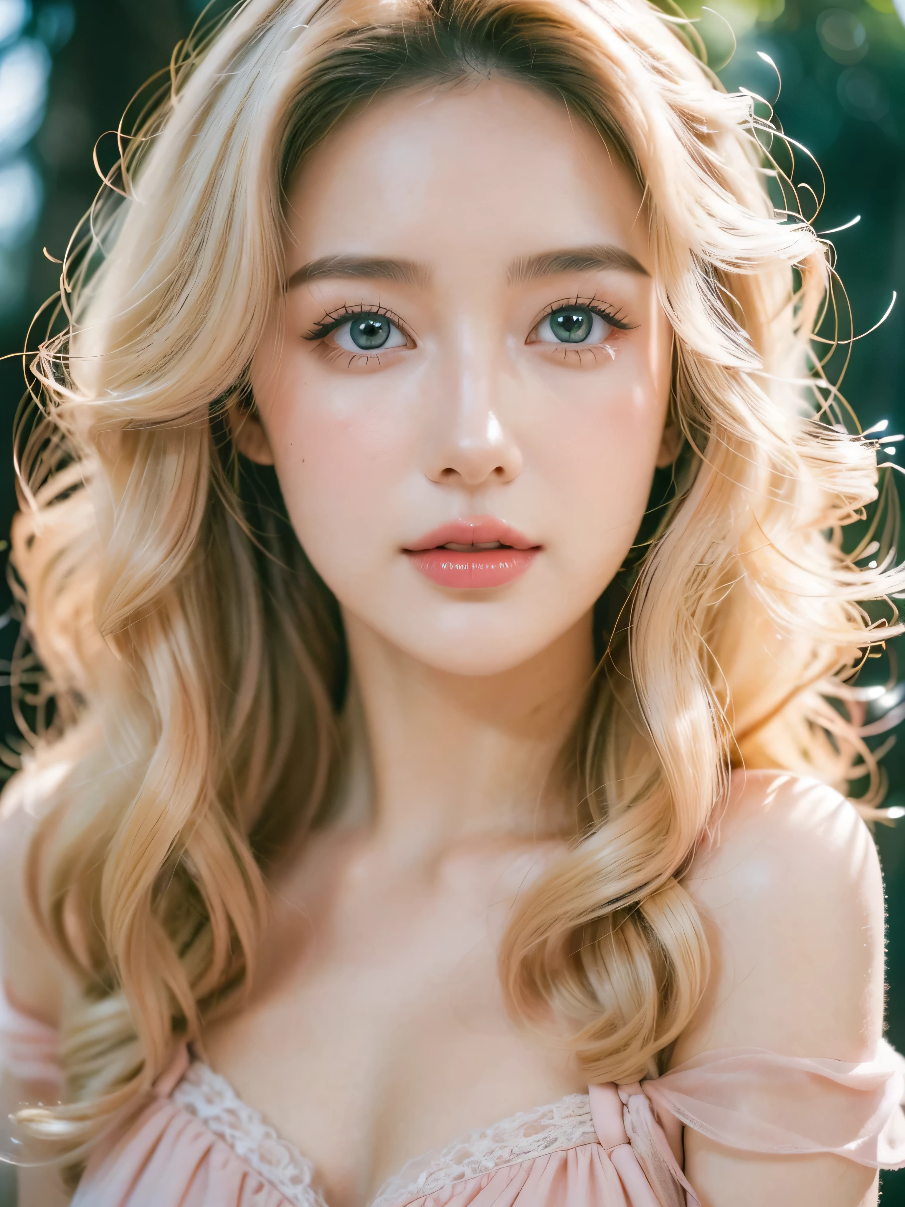 (close up of a beautiful 26 year old girl in a light pink vintage dress), movie stock photos, camera f1. 6, saturated colors, Vibrant, lifelike textures, Impressive classic lighting, Modern style,  full body photo, Evening, Curly hair has just been dyed light blonde
