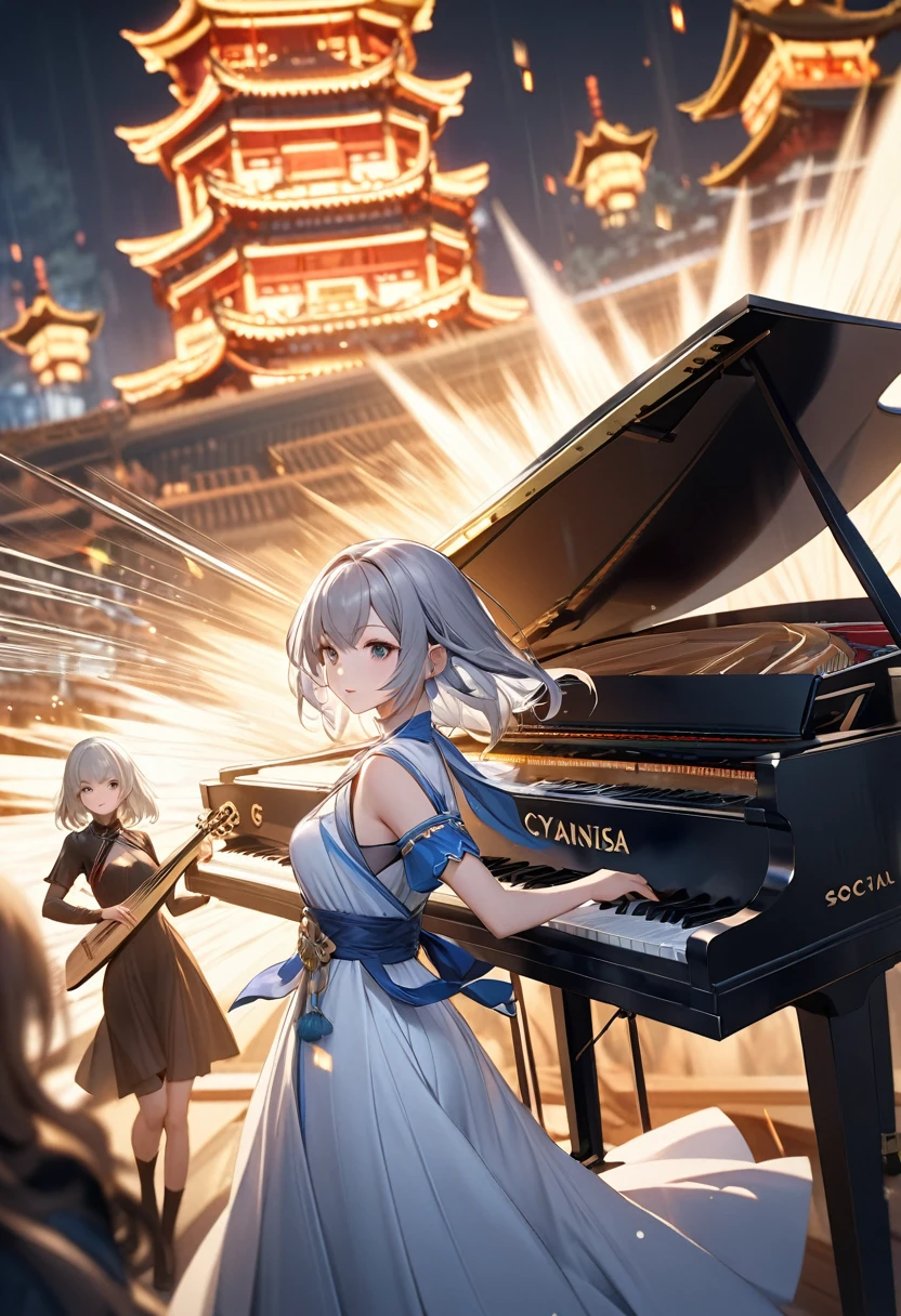 Two Girls, A girl is holding a piano, A girl is holding a lute, Gray Hair, Cyansia Fantasy, CG Social Popularity, Chinese Tower, Potential customers emerge, Hair is scattered, Motion Blur, Cinema Lighting, Blurred foreground, Motion Lines, Attention to detail, 16K, High resolution, Textured skin, Super Detail