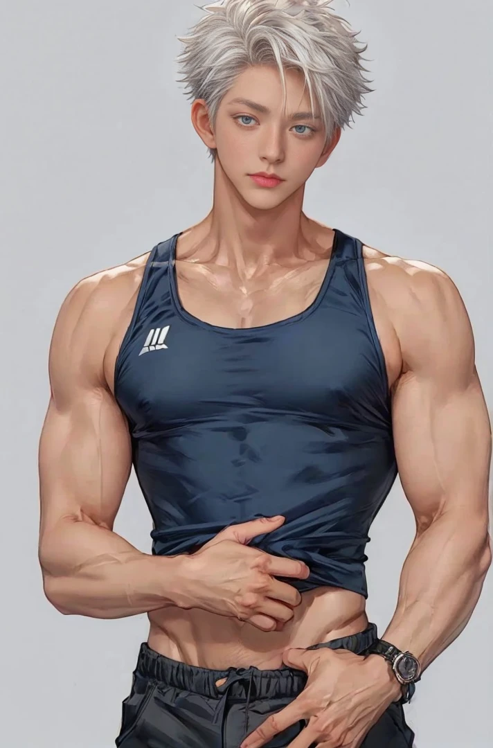 1 male, high resolution 8k, young, handsome, perfect face detail, detailed eyes and face, clean shaved, sixpack realistic, white eyebrow hair, white eyelashes, dynamic lighting, unreal engine, hd picture, satoru gojo, Jujutsu kaisen, white hair, short hair ,hair between eyes ,blue eyes, white skin, singlet