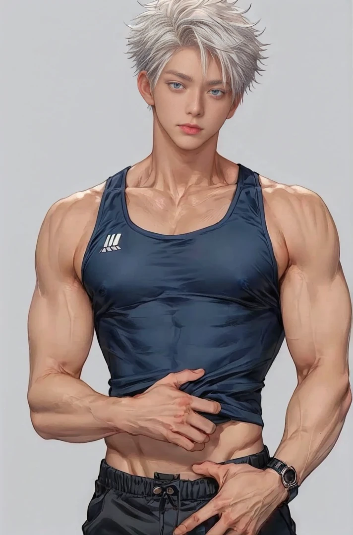 1 male, high resolution 8k, young, handsome, perfect face detail, detailed eyes and face, clean shaved, sixpack realistic, white eyebrow hair, white eyelashes, dynamic lighting, unreal engine, hd picture, satoru gojo, Jujutsu kaisen, white hair, short hair ,hair between eyes ,blue eyes, white skin, singlet