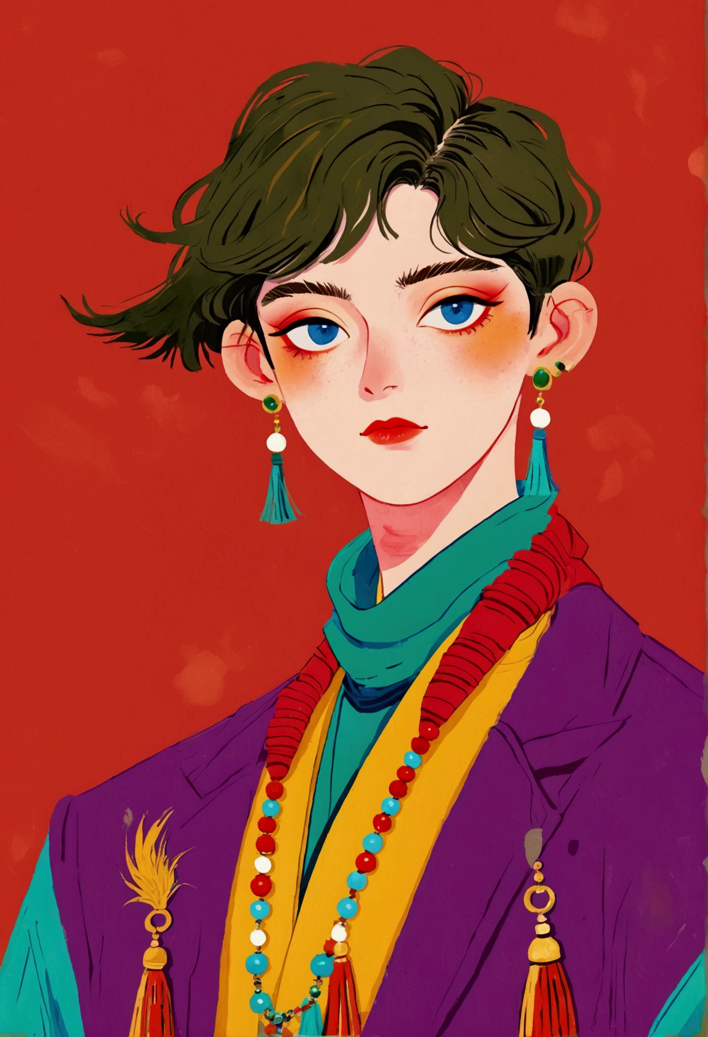 In a painting，A man in a colorful jacket、Delicate androgynous prince wearing a scarf,((( short hair，Exaggerated tassel earrings)))，temperament，Eye element clothing，Gouache inspired by Lubin Baugin, cg Social Hotspot, Cloisonnism, detailed Fashion Illustration, Fashion Illustration, luxury Fashion Illustration, Hanfu, Complex Abstract. (Gucci style), Color illustrations, Colorfull illustration, cypherpunk Fashion Illustration, ,(((Solid color background)))