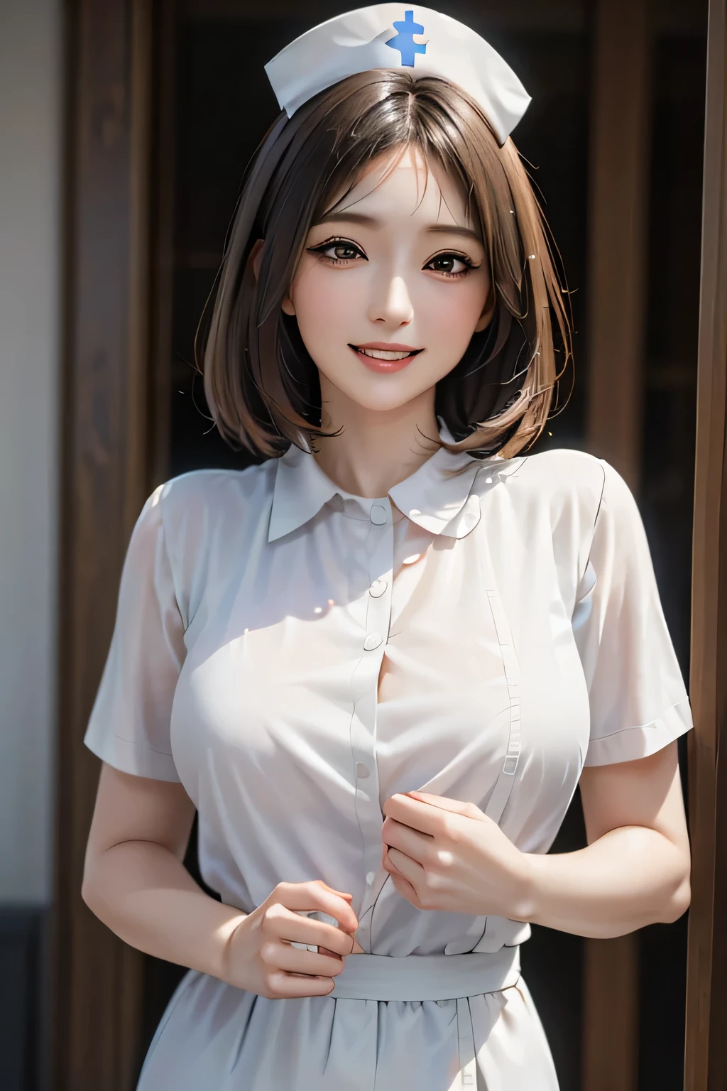 ((1 female, 40 years old)), ((Nurse cap and short nurse uniform)), masterpiece, ((Big Breasts)), grin, (Sexy pose), (very tanned and shiny skin), (Skin dents), photoRealistic, Realistic, alone, photoRealistic, Highest quality, Ultra-high resolution, Yura S, Outdoor, colorful, Daytime setting, beautiful, masterpiece, Highest quality, Very detailedな顔, Perfect lighting, Ultra-high resolution, Very detailed, (background: hospital)