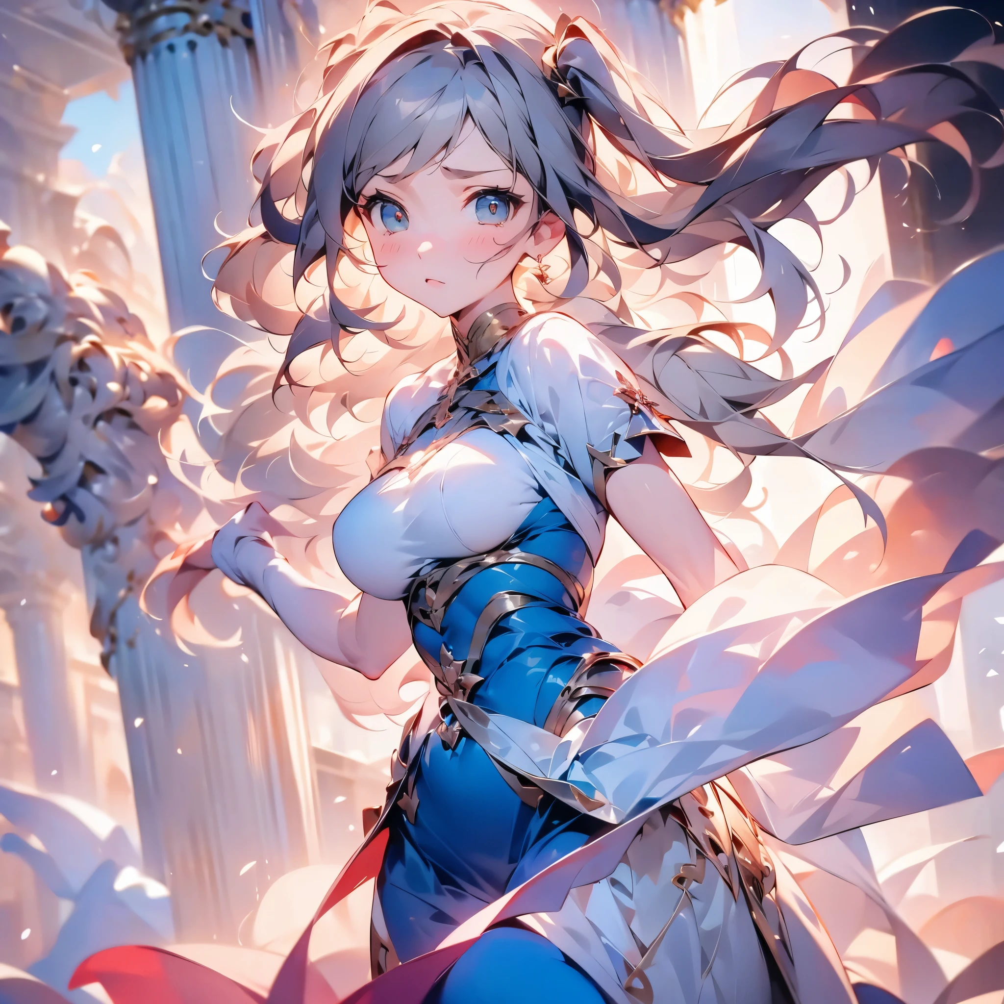 2D Animation、Highest quality, masterpiece, alone, 1 female、Year: 8 Year代、Large Breasts、(Slim figure)、Short blue dress、From the side、Poses that accentuate the chest、(White highlight in pupil:1.2)、Dark reddish brown eyes、(Grey Hair:1.2)、(Twin tails)、(View your viewers:1.2)、White skin、(blush)、(Embarrassed look)、(Blur the background to make the woman stand out.:1.3)、(The sunlight shines in)、Half Backlight、(The sea in the background)、The wind is blowing