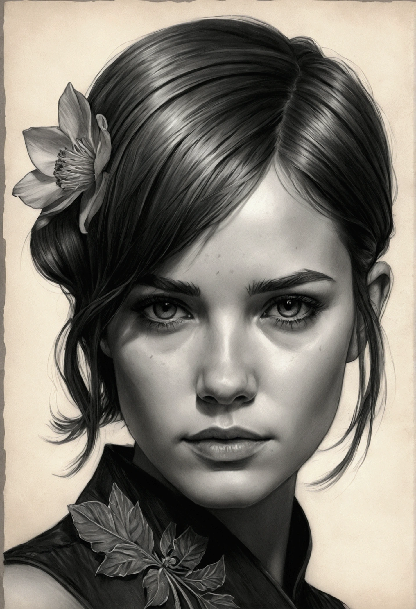 Portrait of Charlie Bowater Black and white pencil drawing, realisitic, Coal chips, outline, charcoal portrait of a woman, a flower on short hair, ribbons, old paper texture, highy detailed