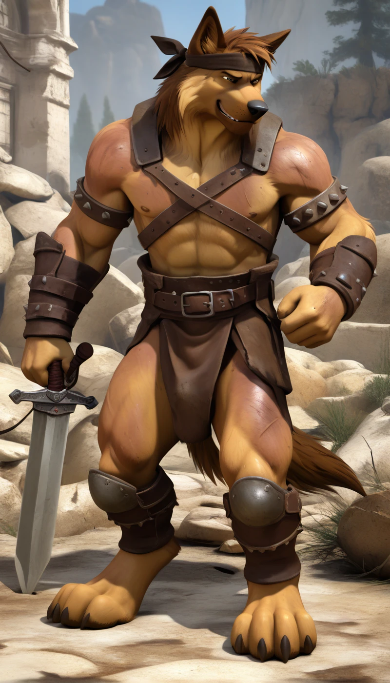 Solo Sexy anthro furry german shepherd male; ancient Mediterranean desert warrior; slim mesomorph handsome model apperance; boy's messy short hair headband; sexy toned muscules; sword scars;  worn out brown studded leather rusty sexy skimpy armament. He has low on hips heavy leather studded heavy belt. he has narrow in the crotch very old worn out btosn leather bulgy tigh jockstrap (smelly jockstrap fetish); His brown jockstrap it is made of old worn out matte brown volour leather studded and sewn together from a few pieces, it has never been washed, it is dirty and has stains from secretions of dried semen and sweat; His armor is old heavy brown harness with armlets studded with spikes; rusty btonze-age old skimpy breatsplate armor,  he has old brown leather BFR Bands on Biceps and his thighs, he has old worn out fingerless leather gloves. His armor is in ruin, it is very very old and dirty, rusted, dirty, old worn out, rusty breastplate. Even though he is a handsome and sexy man, he has a sloppy appearance, has disheveled unwashed dirty fur, dirty body look. he smells, he has stains from old blood, dirt, semen, mud, smelly furr, disgusting bastard looking.  Mediterranean sunny pine seacoastline pine forest; he has a proud, threatening and defiant expression on his face, with little dirty dangerous smile; He stands proudly bravely in an upright attacking position, he holds a rised up sword in his right paw, ready for incoming fight; he has narrow in the crotch very old worn out btosn leather bulgy tigh jockstrap (smelly jockstrap fetish); His brown jockstrap it is made of old worn out matte brown volour leather studded and sewn together from a few pieces, it has never been washed, it is dirty and has stains from secretions of dried semen and sweat; Full body full character view, 