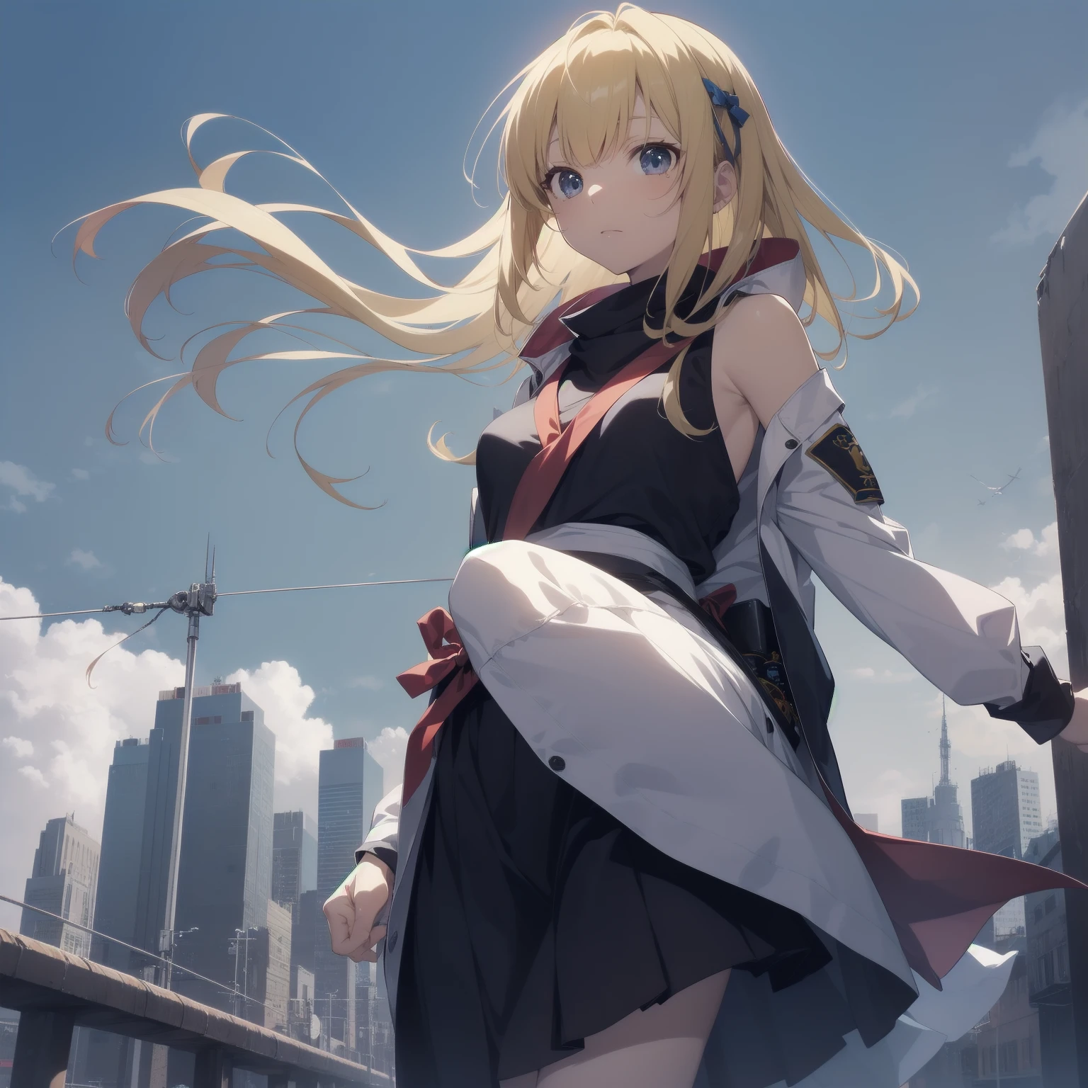 Ninjas are... cool and... fast.!ultra-absurdres-Top quality by artist God, ultra-detailed, high resolution, anime moe artstyle, best anime 8k konachan wallpaper, pixiv contest winner, pool:2810, perfect anatomy,break, Domo…1girl is ninja girl, (Please draw a picture of a Ninja girl stand and look down on the city from rooftop),from above, dutch angle, break, (Solo,,12-year-old:1.3), androgynous charm, (Very Short hair, blunt bangs), Full limbs, complete fingers,flat chest, Small butt, groin, small black eyes, beautiful detailed eyes, well-proportioned iris and pupils, expressive eyes, highres detailed hair, (sleeveless hanjuban),obi,ninja hakama, japanese Hairpin,ninja scarf waving in the wind, ninja stance, break,super detailed skin, Best cinematic lighting powered by famous artist, 8k,beauty illustration,photoshop_(medium),very aesthetic,break,((artist:nekotoufu )), artist:clamp ,artist:carnelian ,artist:kantoku ,