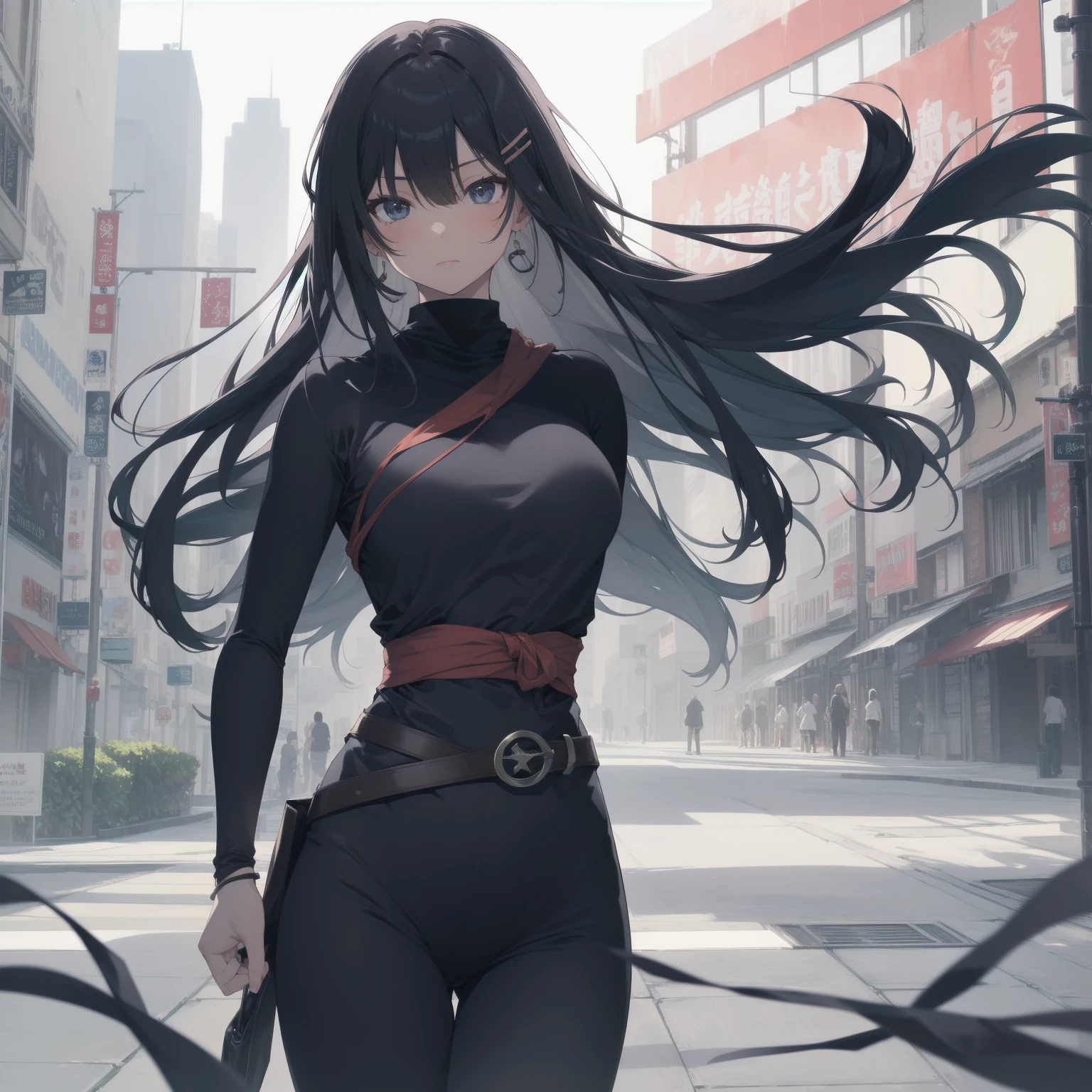 Ninjas are... cool and... fast.！ultra-absurdres-Top quality by artist God, ultra-detailed, high resolution, anime moe artstyle, best anime 8k konachan wallpaper, pixiv contest winner, pool:2810, perfect anatomy,break, Domo…1girl is ninja girl, (Please draw a picture of a Ninja girl stand and look down on the city from rooftop),from above, dutch angle, break, (Solo,ロリ,12-year-old:1.3), androgynous charm, (Very Short hair, blunt bangs), Full limbs, complete fingers,flat chest, Small butt, groin, small black eyes, beautiful detailed eyes, well-proportioned iris and pupils, expressive eyes, highres detailed hair, (sleeveless hanjuban),obi,ninja hakama, japanese Hairpin,ninja scarf waving in the wind, ninja stance, break,super detailed skin, Best cinematic lighting powered by famous artist, 8k,beauty illustration,photoshop_(medium),very aesthetic,break,((artist:nekotoufu )), artist:clamp ,artist:carnelian ,artist:kantoku ,
