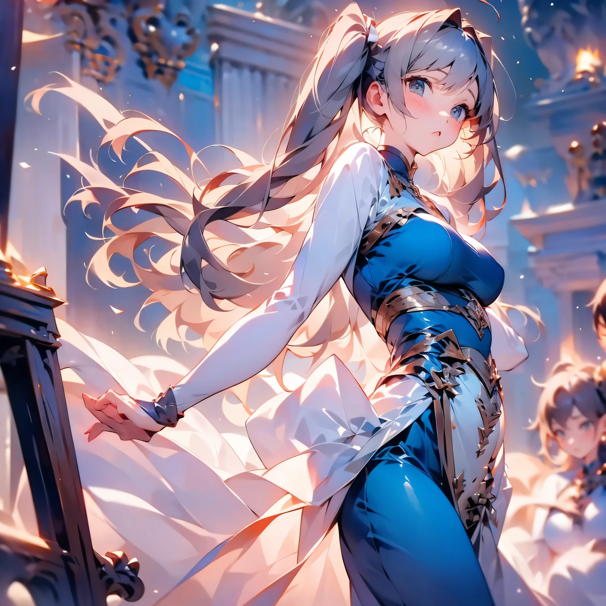 2D Animation、Highest quality, masterpiece, alone, 1 female、Year: 8 Year代、Large Breasts、(Slim figure)、Short blue dress、From the side、Poses that accentuate the chest、(White highlight in pupil:1.2)、Dark reddish brown eyes、(Grey Hair:1.2)、(Twin tails)、(View your viewers:1.2)、White skin、(blush)、(Embarrassed look)、(Blur the background to make the woman stand out.:1.3)、(The sunlight shines in)、Half Backlight、(The sea in the background)、The wind is blowing